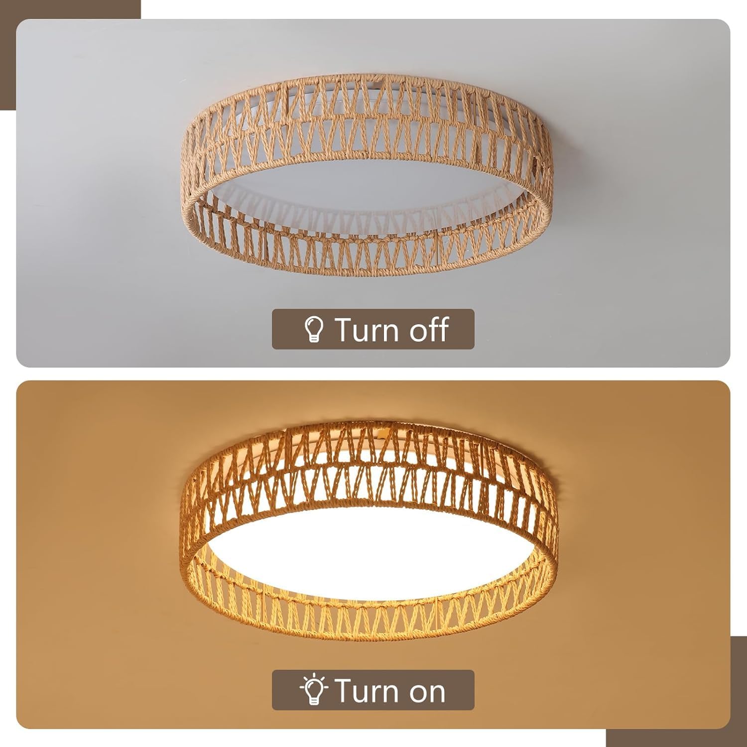 LED Rattan Flush Mount Ceiling Light Fixture, Boho Light Fixtures Ceiling 16.9 inch, 24W Dimmable Rattan Ceiling Light 5CCT 3000K-6000K for Hallway Bedroom Kitchen Entryway Living Room