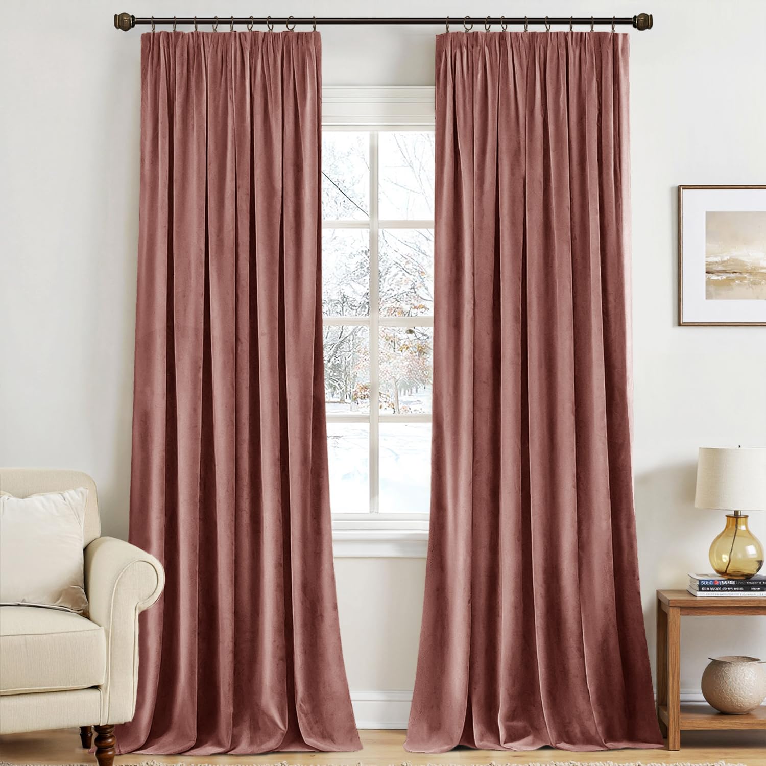 MIULEE Dusty Rose Velvet Pencil Pleat Blackout Curtains 66x90 Inch 2 Panel โ image 1