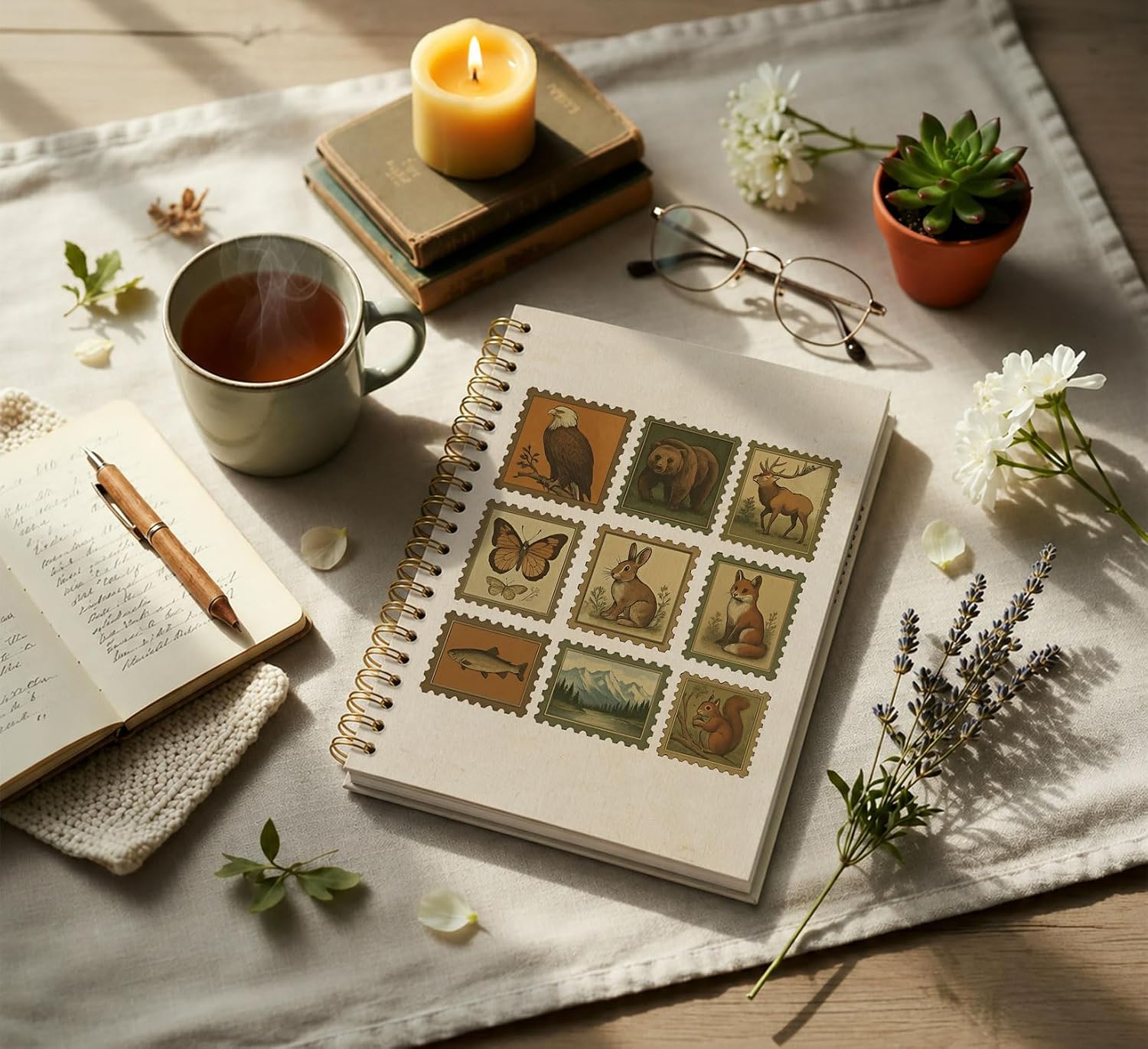 KDHTY Vintage Cottagecore Notebook Journal Postal Stamp Animal Journal Notebook,Fox Fish Notebooks College Ruled for Office School Classroom,Funny Notebook Office Supplies Gifts,5.5 x 8.3 image 2