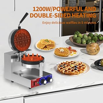 Commercial Waffle Maker - Belgian Waffle Maker w/Non-stick Baking Pan and 550F Heating, 1200W Rotating Waffle Iron for 1.2 Thick, Stainless Steel Round Waffle Machine for Restaurant
