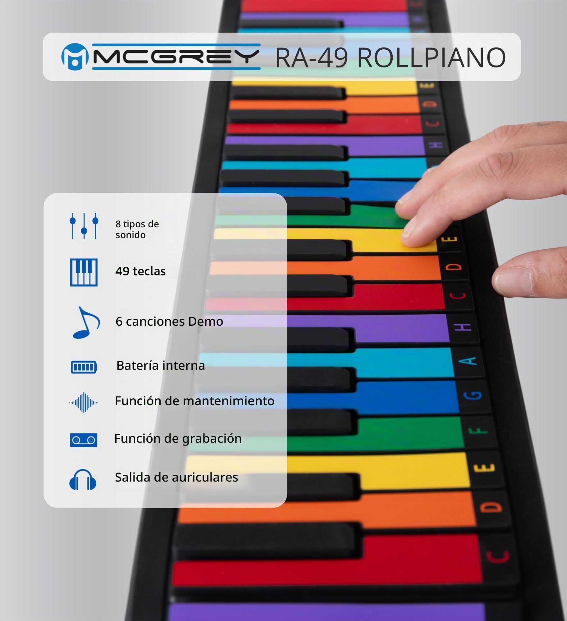 McGrey RA-49 Piano Roll-Up Infantil, 8 timbres, 6 Canciones Demo, 5 x 2 cm | 49 teclas de piano coloridas en tamaño estándar, Nombre de nota en alemán en cada tecla colorida, Salida para auriculares