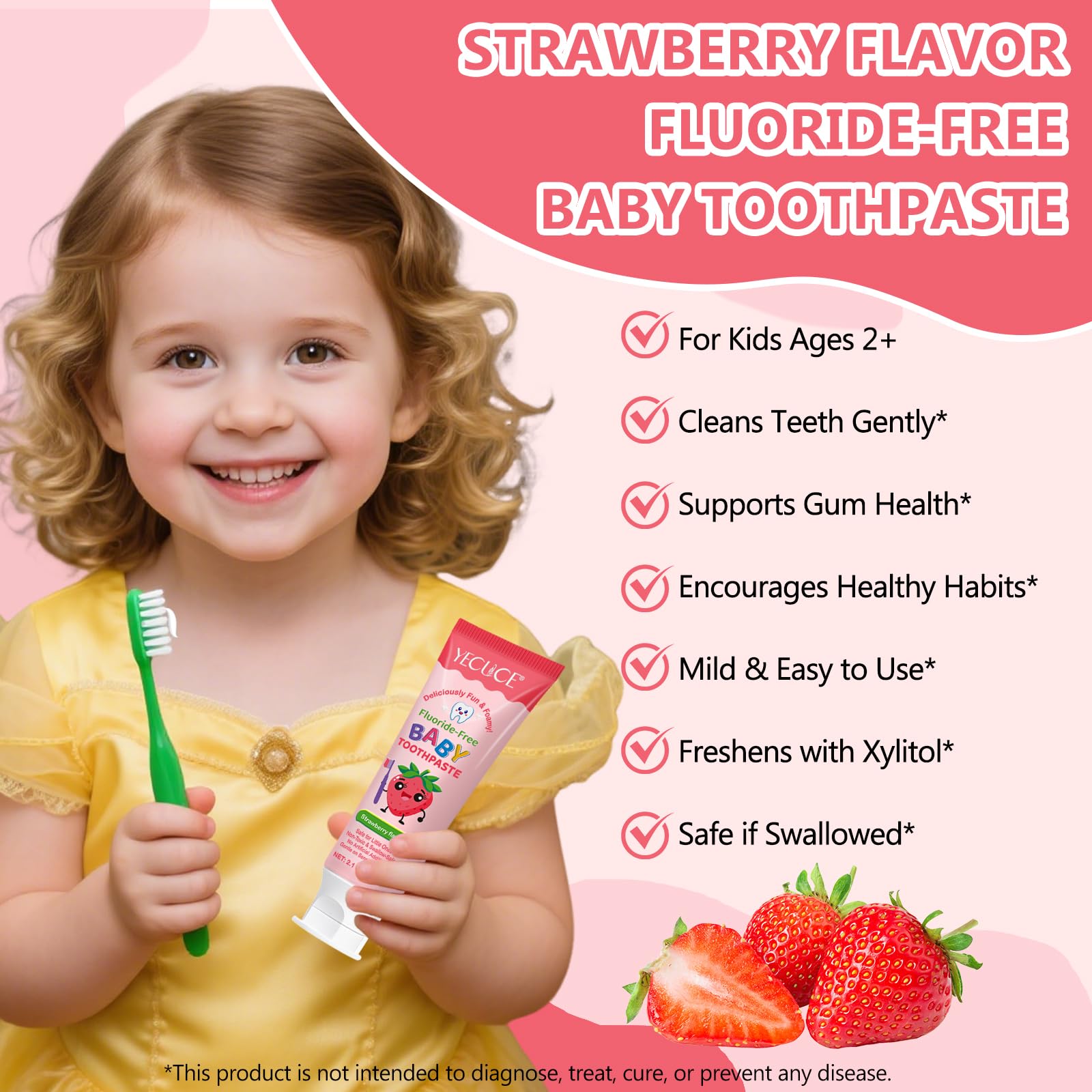 Kids Toothpaste Strawberry Flavor, Swallowable Toothpaste with xylitol and Vitamin E, Fights Plaque, Designed for Children, 2.1OZ