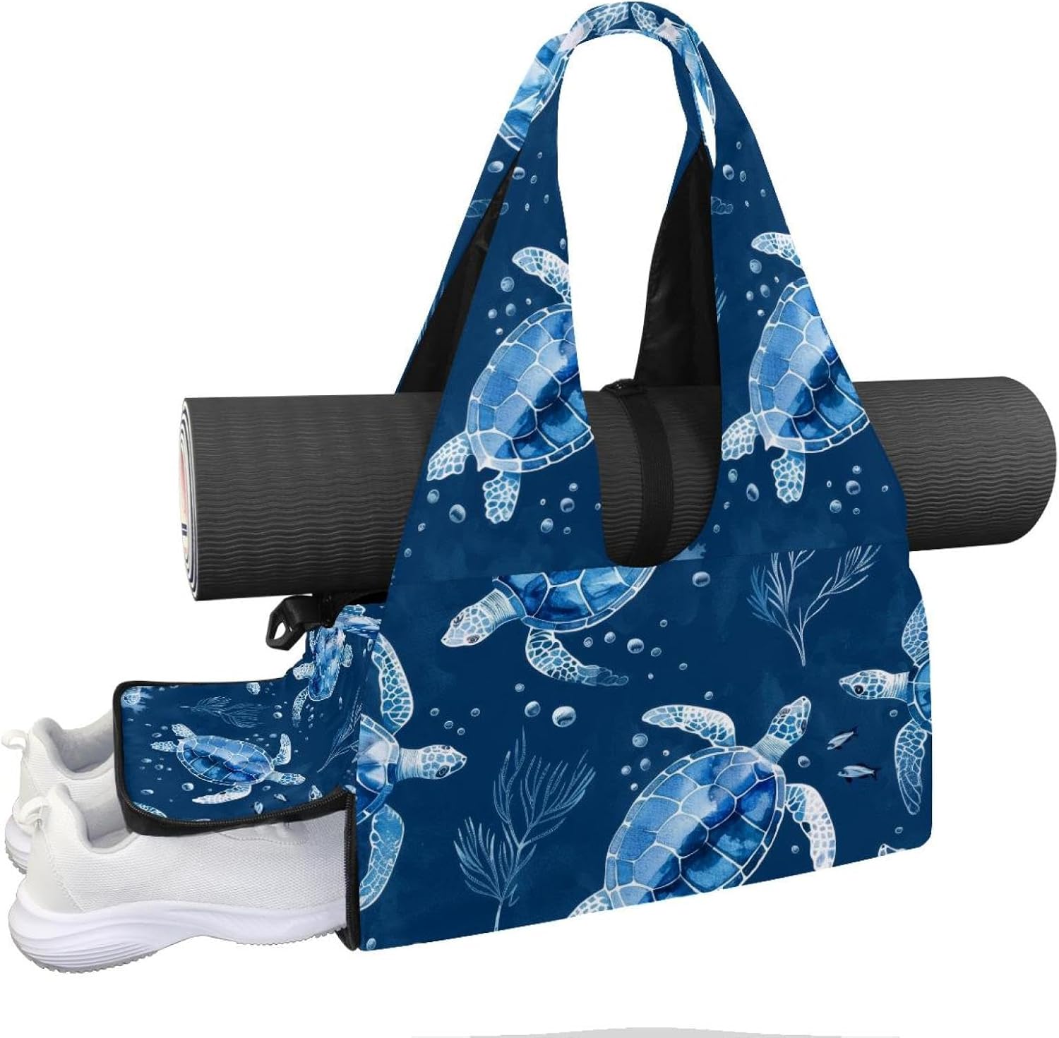 Gym Bag for Women, Turtles Starfishes Fish Yoga Mat Bag with Shoe Compartment, Sport Yoga Gym Bag with Yoga Strap, Carryall Yoga Tote Bag
