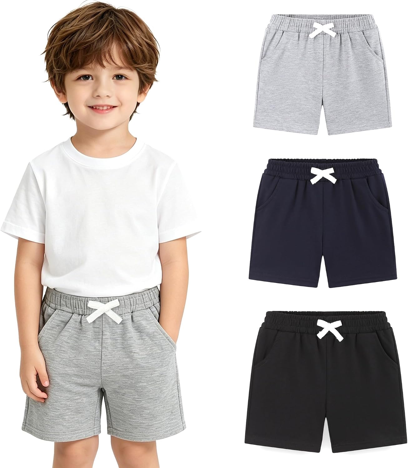 3 Pack Toddler Shorts Boys Pull-On Elastic Waist Athletic Cotton Summer Soccer Basketball Pants with Pocket 2-5T