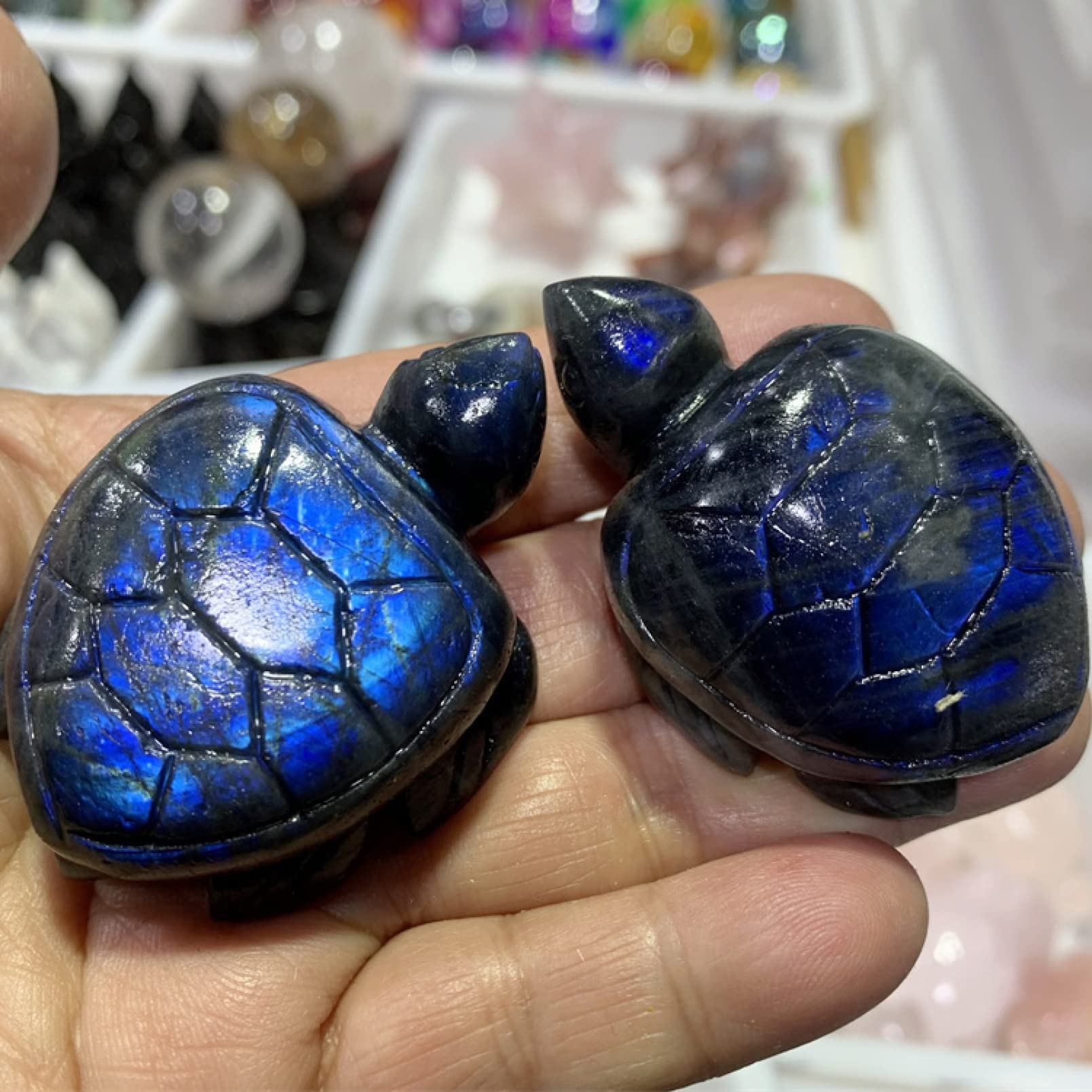 SnamicE Natural crystal rough Tortoise Figurines Crystals and Stones Natural Blue Labradorite Handmade Sea Turtle Statue Crystal Animal Stone Home Decor 1PC,Blue Labradorite-1PC