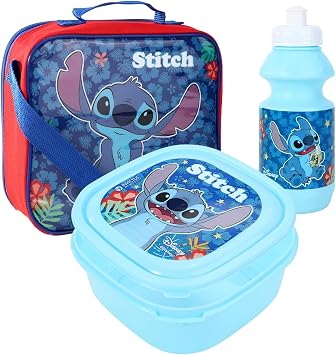 TDL Disney Stitch Lunch Set, 3-Piece with Insulated Bag, Water Bottle and Food Container, Blue