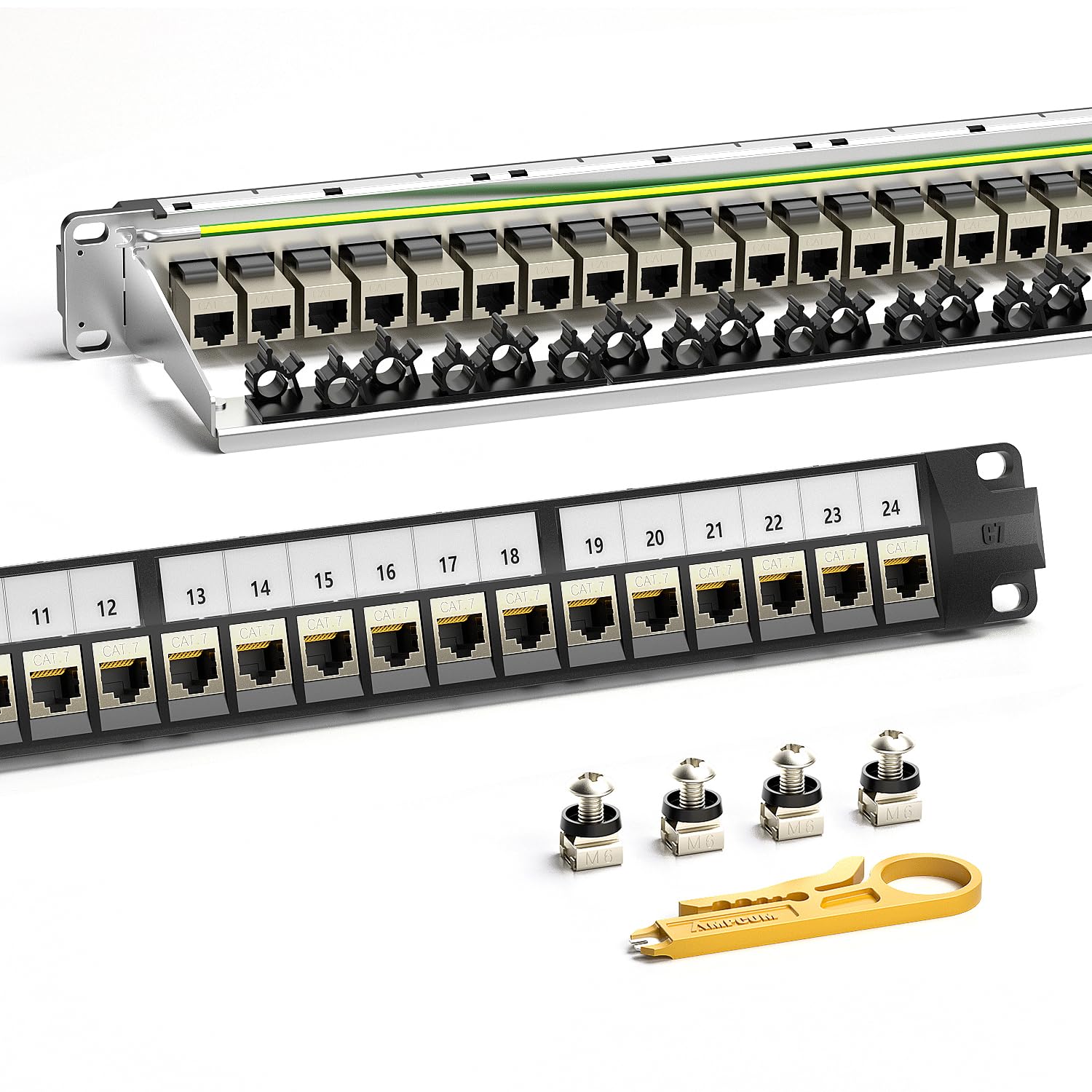 AMPCOM CAT7 Keystone Patch Panel 24-Port 1U with 10G Shielded Ethernet Inline Coupler - 19 Inch Rackmount &Wall Mount with Rear Support Bar