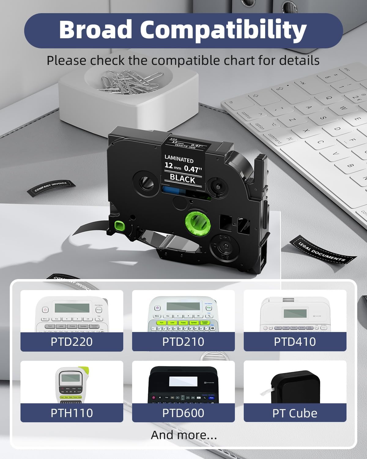 TZe White on Black Tape 12mm Compatible with Brother Label Maker Tape | TZe-335 Laminated 12mm 0.47 Black, for PT-1090 1190 1230 1280 1290 1750 1800 1830 1880 1890 2040 Refills, (12 mm x 8m), 4 Pk