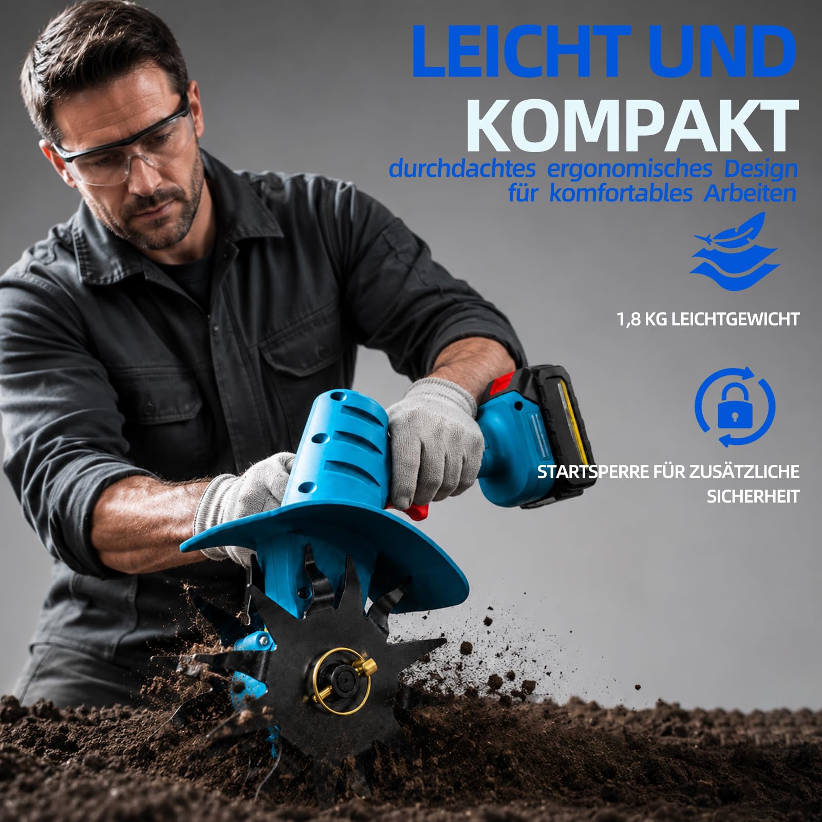 Kabelloser Hand Bodenhacker für Makita 18V Akku Gerät ohne Akku 350W Gartenfräse 10cm Frästiefe und 10cm Fräsbreite Ackerfräse