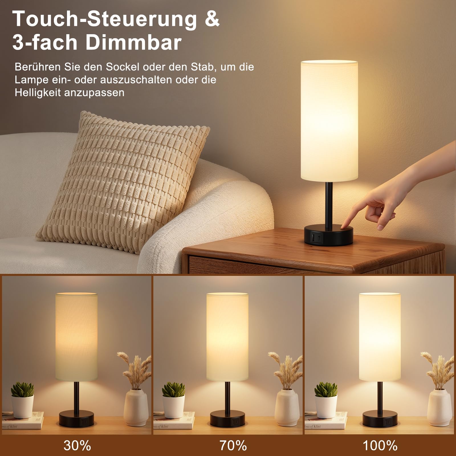 Nachttischlampe Touch Dimmbar, Tischlampe mit USB A+C Ladefunktion, Lampenschirm aus Leinenstoff, Touch Lampe für Nachttisch Wohnzimmer Schlafzimmer Kinderzimmer Büro(Inklusive Birne)