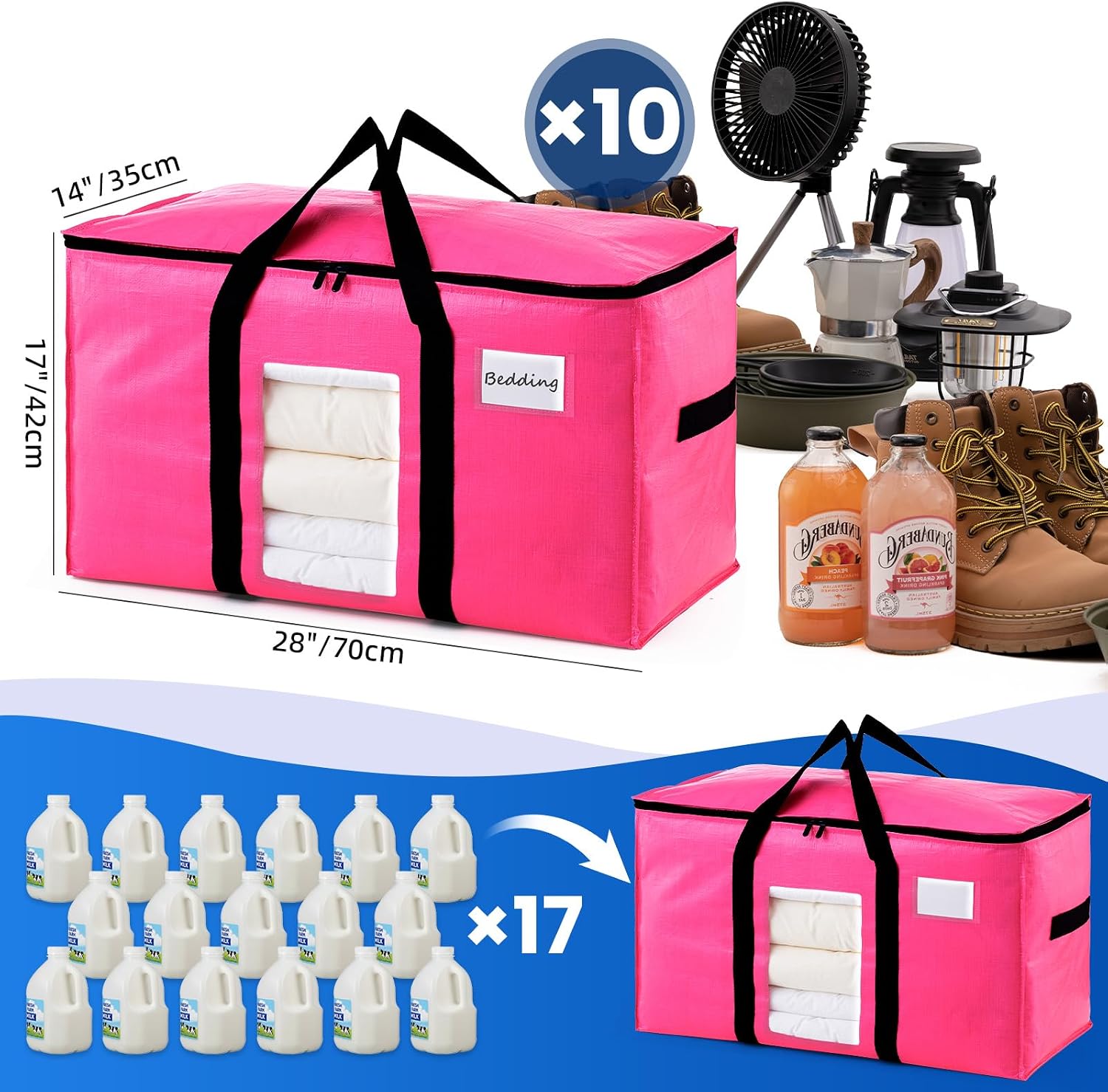  10 Pack Pink Extra Large Moving Bags,Storage Bags with Visible Window | 93L Heavy Duty Totes For Home Storage,Wrap Around Handles,Alternative to Moving Boxes, College Dorm,Perfect for Moving thumbnail