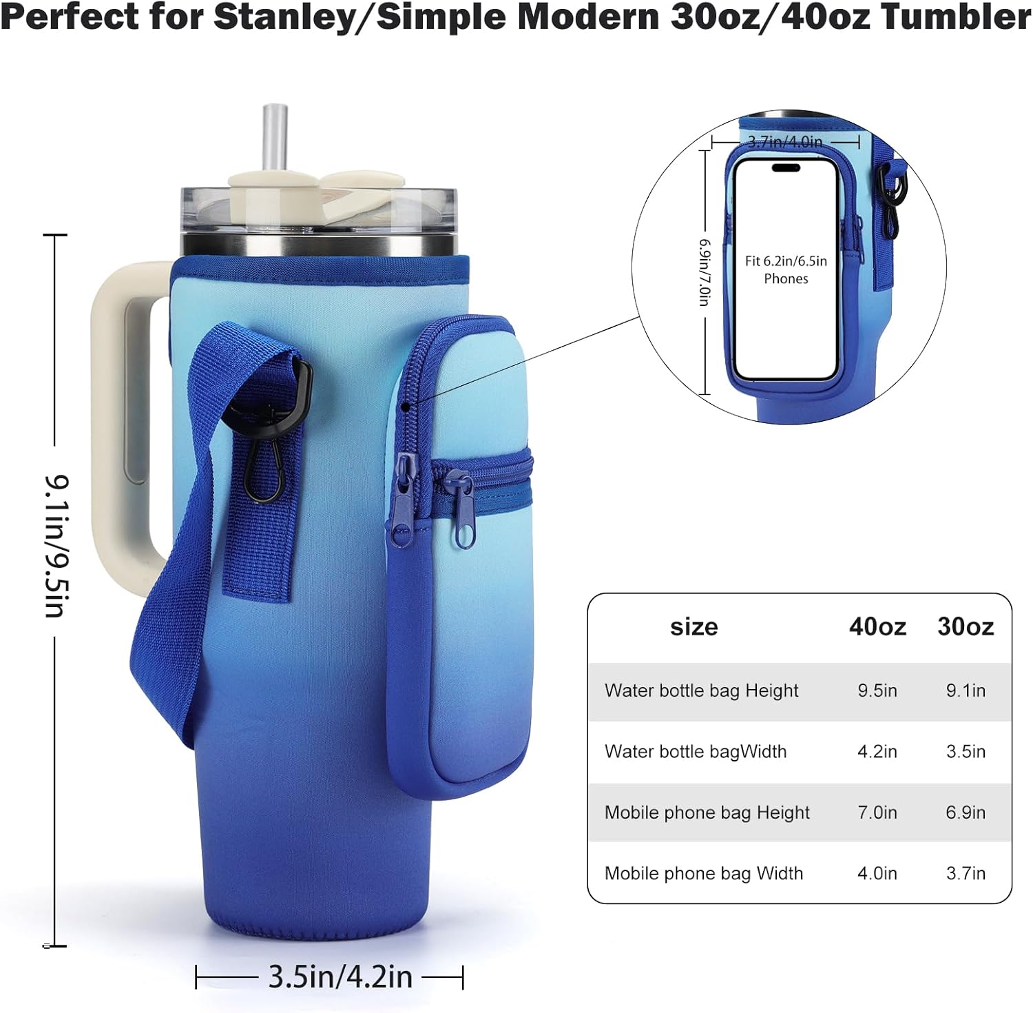 Water Bottle Carrier Bag for Stanley 40/30 oz Tumbler with Phone Pocket Neoprene Water Bottle Holder with Shoulder & Handheld Strap Stanley Cup Accessories - Image 2