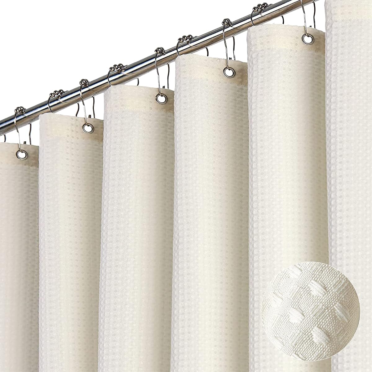 Dynamene Waffle Shower Curtain 256 GSM Heavy Duty Fabric 72x72 Cream/Ivory | Thick Textured Cloth, Weighted Hem, Water Repellent Washable, Hotel Luxury Polyester Shower Curtain Set for Bathroom 12 Hooks