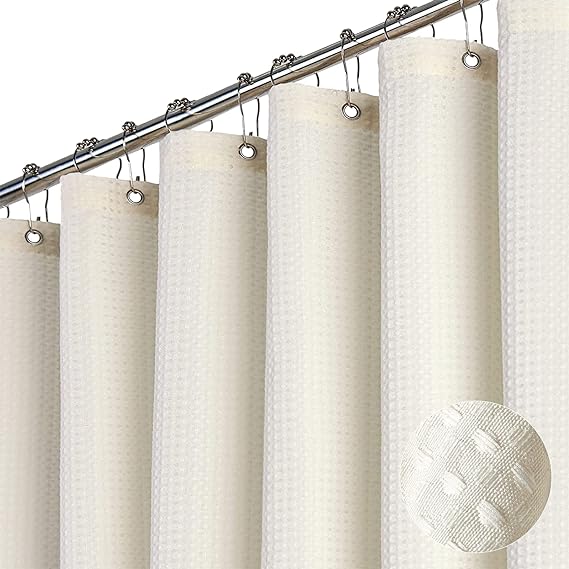 Dynamene Fog Blue Fabric Shower Curtain for Bathroom- Waffle Weave Textured Heavy Duty Cloth , 256GSM Hotel Luxury Weighted Bath Curtain Set with 12 Plastic Hooks,72x72, Fog Blue