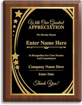 Elegant Custom Plaque - Add Your Own Text or Logo - Personalized Award Plaque for Employee of the Month, Ideal as Recognition Awards for Employees, Retirement, and Service Appreciation Greatest Appreciation, 7" x 9"