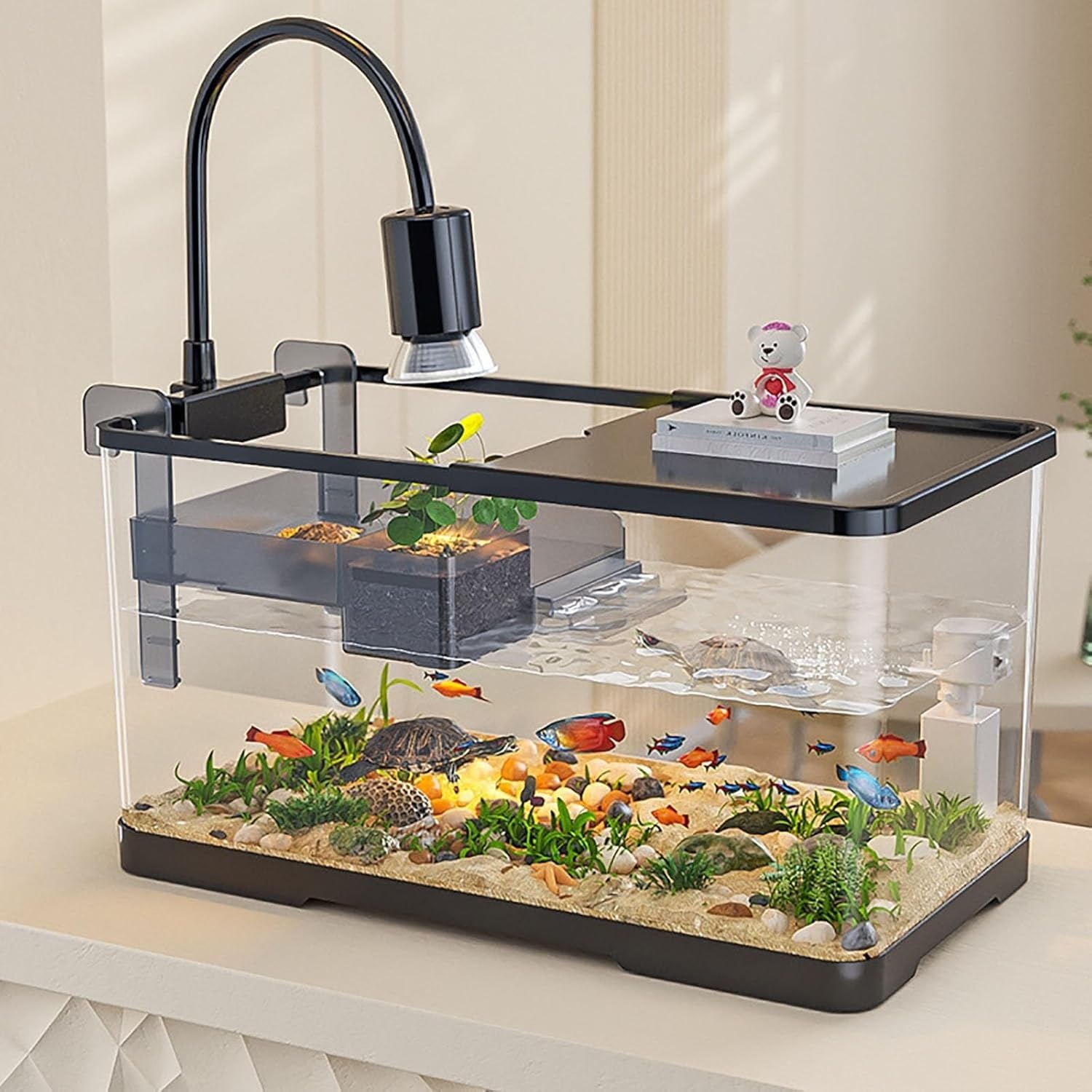 Tank-Aquarium, Komplettes Startergehäuse for Wasserschildkröten Mit Filter, Sumpfschildkrötensee Wasserpumpe, for Den Lebensraum Von Haustier-Reptilien(L-19.5 * 8.5 * 8.3in)
