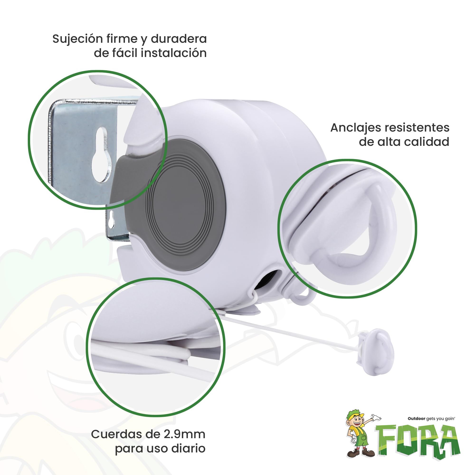 FORA Tendedero De 2 Cuerdas Retráctiles Extensible 26m (13m×2) – Interior y Exterior, ABS+PVC, Giro 180°, Carga Máx 15 Kg, Cuerda 2.9mm, Blanco/Gris — view 3