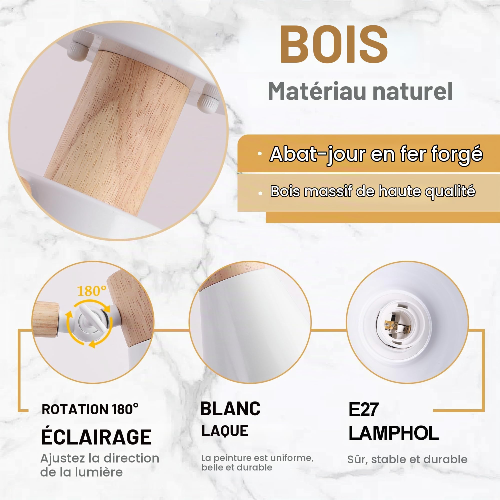 Blanc Plafonnier Cuisine 6 LumièRes,Bois Et Fer Luminaires IntéRieur Lampe À Bras LéGer RéGlable Lustre Salon E27 Ø82Cm Moderne Abat Jour Plafond Pour Chambre Maison