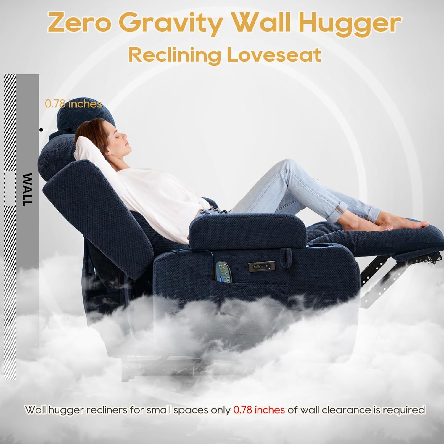 IPKIG Power Recliner Sofa with Flip-Up Backrest Console, USB & USB-C Ports, AC Outlet, LED Lights, Wall Hugger Recliners for Living Room, RV (Navy Blue, 67" - 3 Seat) | Velvet Fabric, Zero Gravity, Dual Reclining, 2 Lumabr Pillow, Bluetooth Speakers
