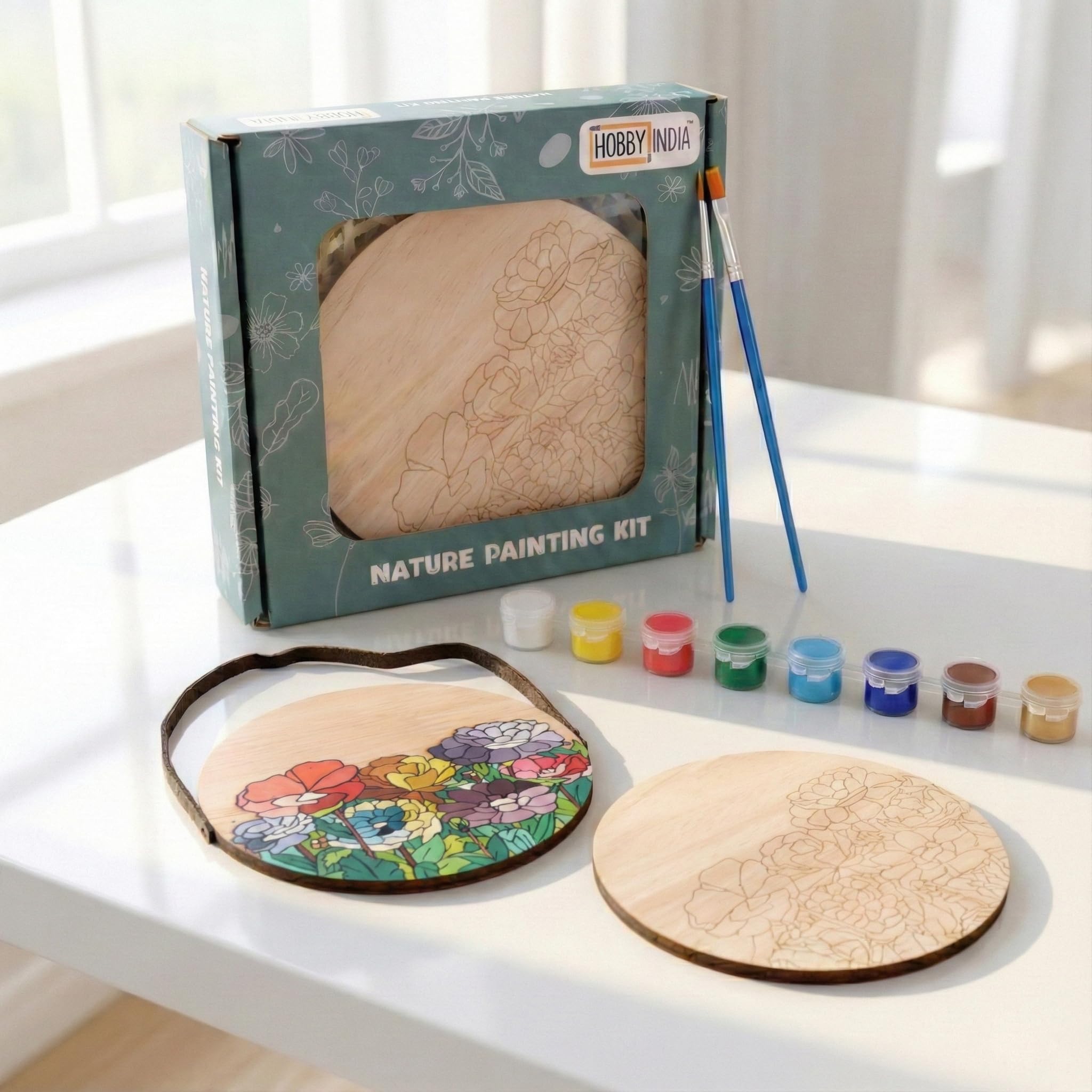 HOBBY INDIA Wooden Painting Kit Set for Kids & Adults | DIY Wall Decor Art & Craft | Round Tree Circle Coaster | Home & Office Hanging Decoration | Birthday Gift for Girls & Boys (Summer Bloom)