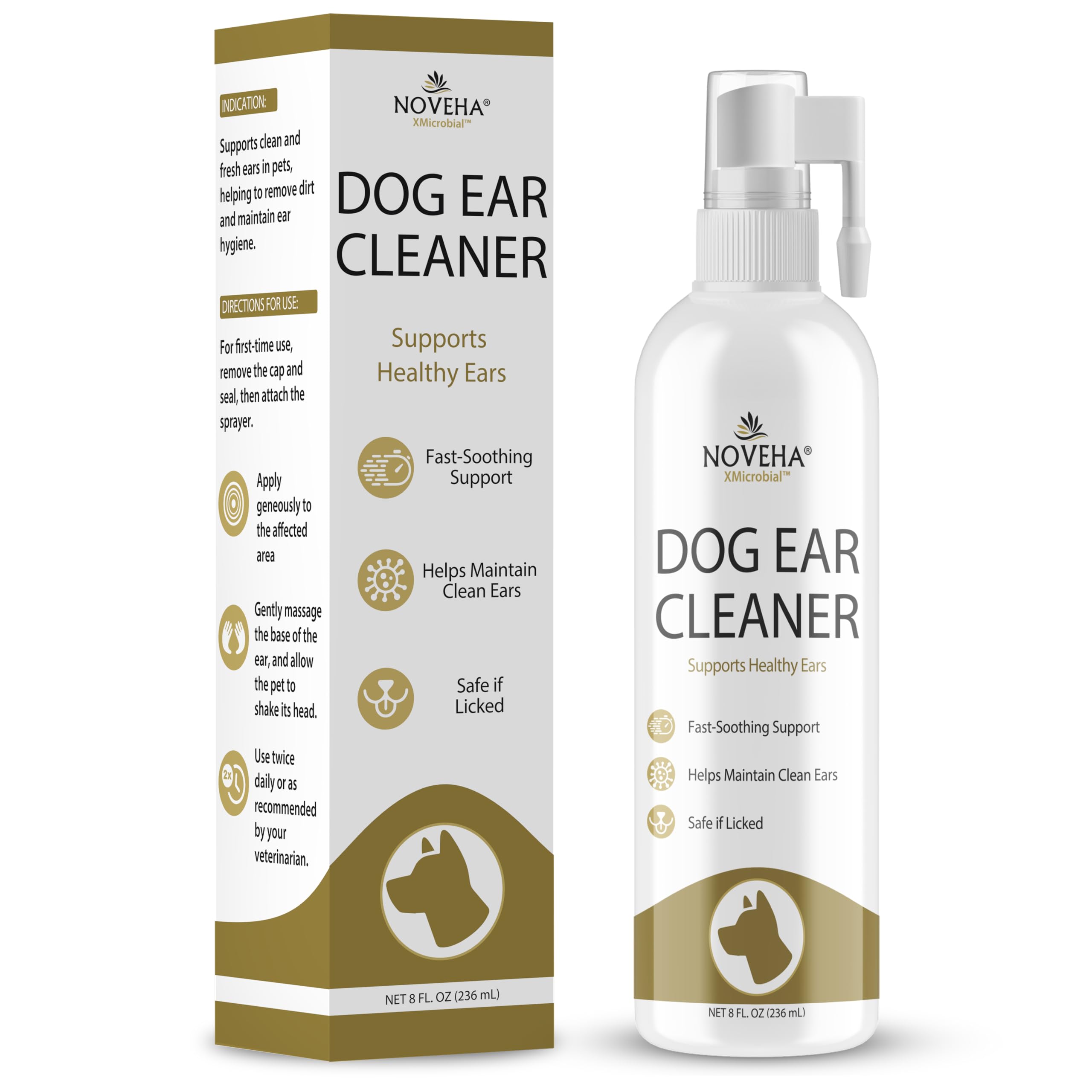 NOVEHA Dog Ear Cleaner Solution - Ear Infection Treatment for Dogs - Hypochlorous Acid Ear Cleanser Spray - Soothes Itchiness, Cleans Ear Canal & Controls Odor - 8 Oz