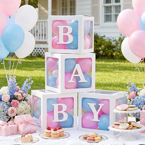 RUBFAC Baby Boxes with 41 Letters and 36 Balloons, 4pcs Clear Balloon Boxes for Baby Shower Gender Reveal Girl Boy Blocks Birthday Party Decorations