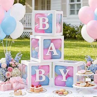RUBFAC Baby Boxes with Letters and 36 Balloons, 4pcs Clear Balloon Boxes for Gender Reveal Baby Shower Decorations