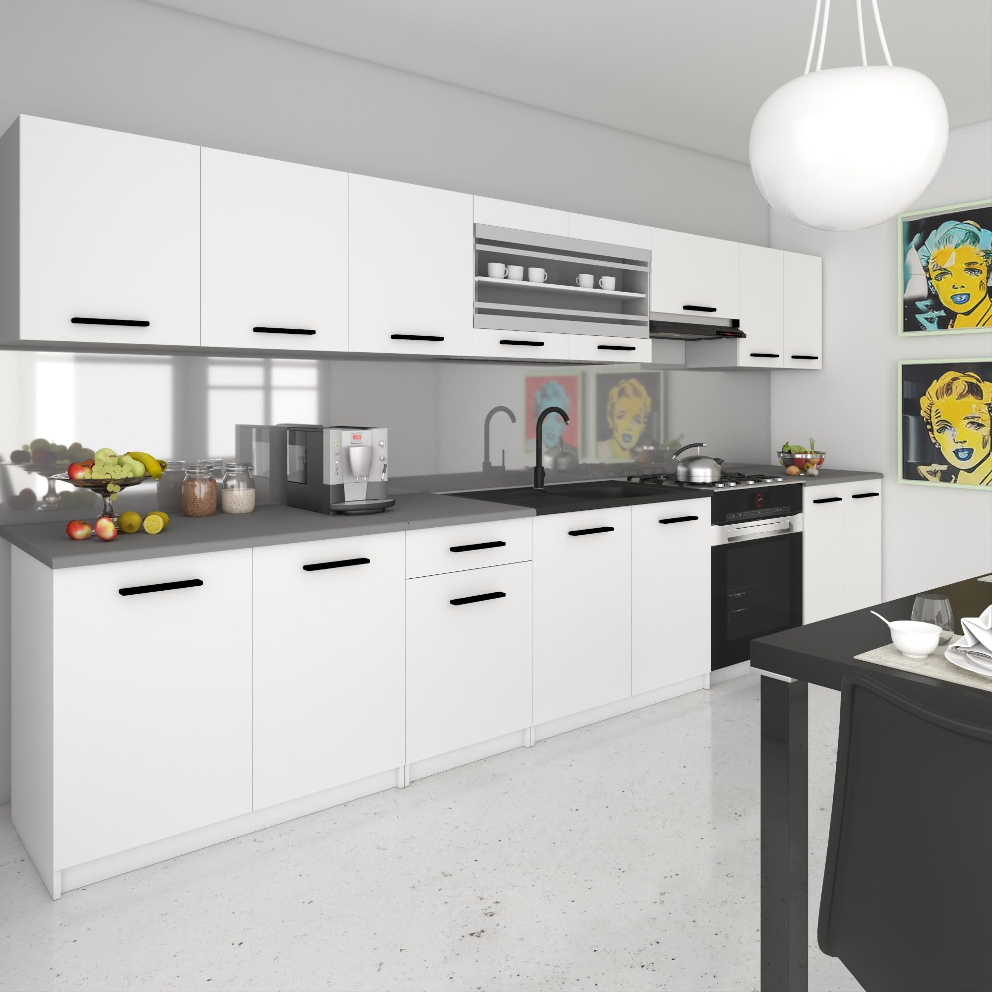 Belini Italia 3 Liniowa szafka kuchenna 320cm Biała Matowa | ECONATURA DECOR Liniowa szafka kuchenna, szafka, bez sprzętu AGD, z blatem roboczym