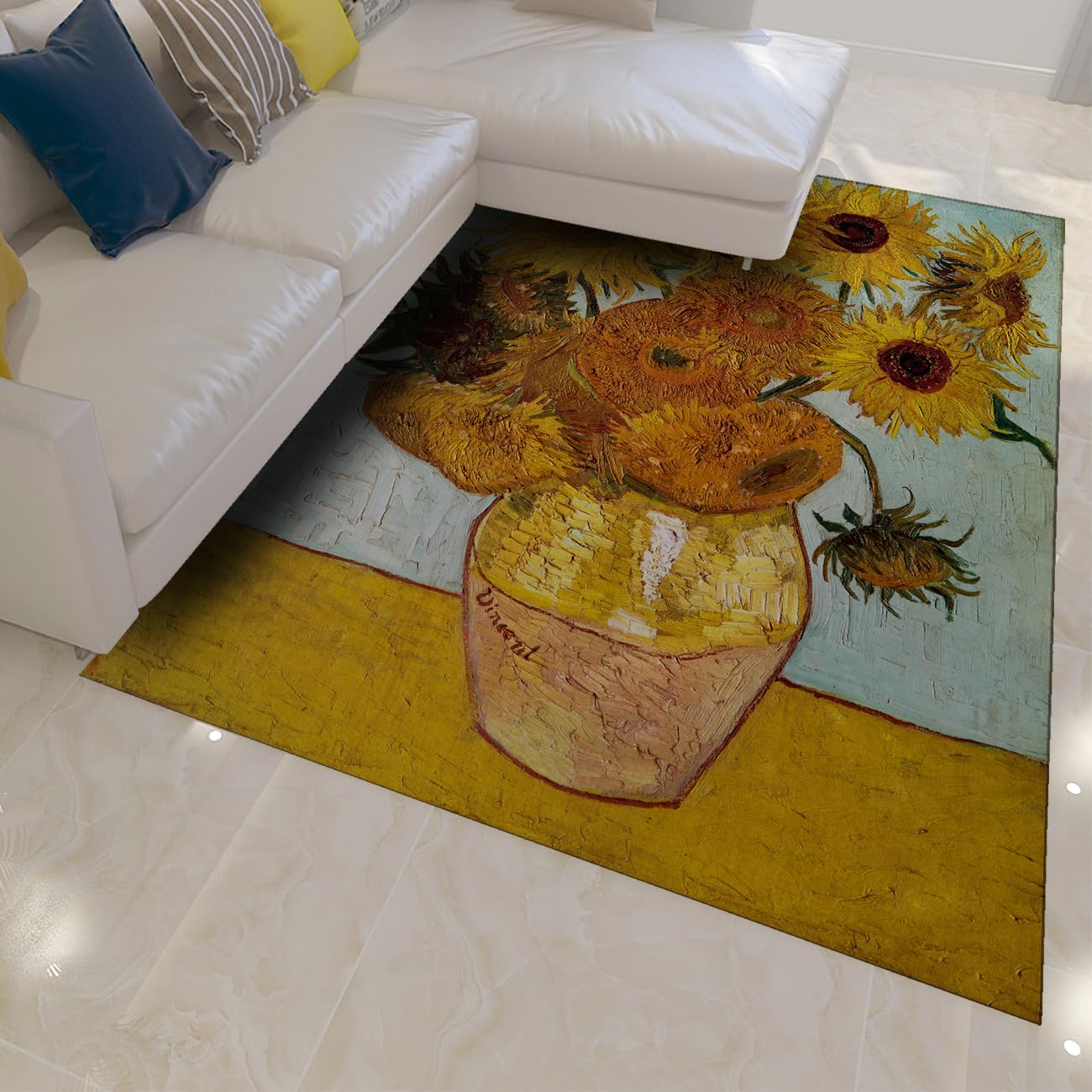 Tapis de chambre 90x150 lavable et antidérapant motif fleurs jaune aqua