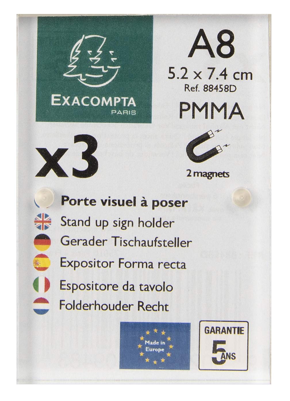 Exacompta - Ref 88458D - Soporte para carteles con cierre magnético - Adecuado para papel A8, hecho de material PMMA (acrílico), visible por ambos lados, transparente (paquete de 3)