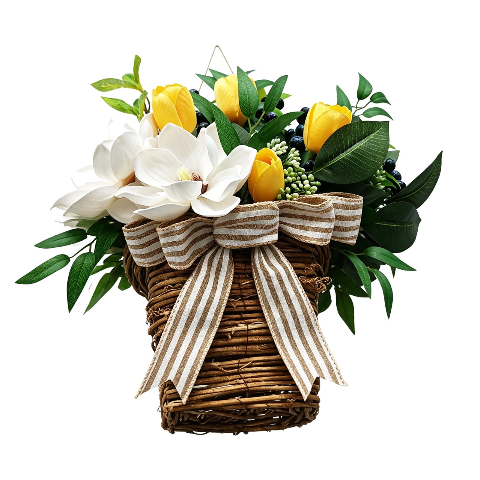 Generic Kosz na Sztuczne Kwiaty do Rustykalnego Wystroju Domu, żywe żółte Tulipany i Eukaliptus do Zawieszenia na Drzwiach Wejściowych, 14 "x 13" w Stylu Wiejskim (Dekoracja kosza kwiatowego)