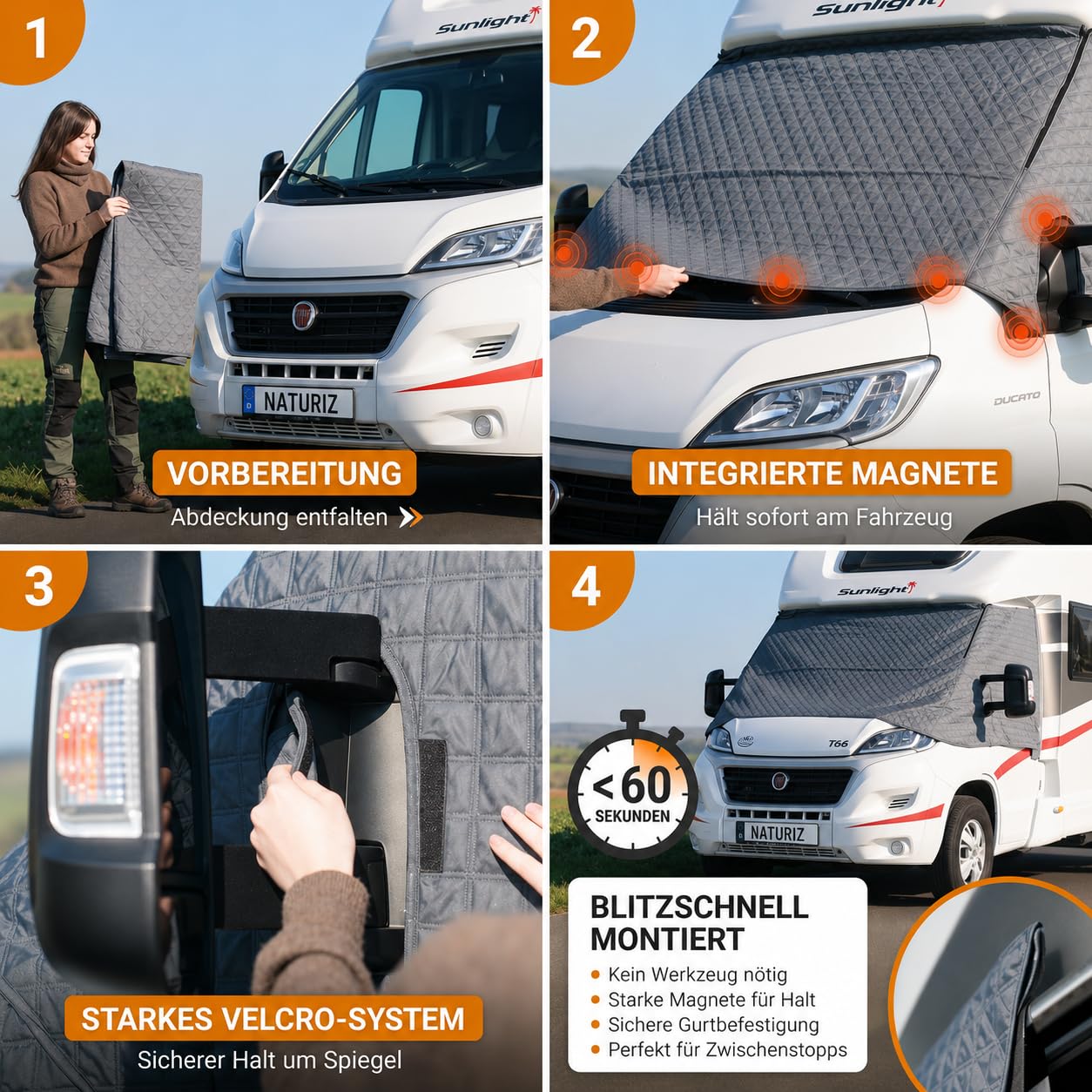 NATURIZ® FIAT Ducato Frontscheibenabdeckung – Premium Windschutzscheibenabdeckung - Thermomatte außen mit Sonnenschutz für Wohnmobile – für FIAT Ducato, Citroen Jumper, Peugeot Boxer 2006–2025 (FIAT)