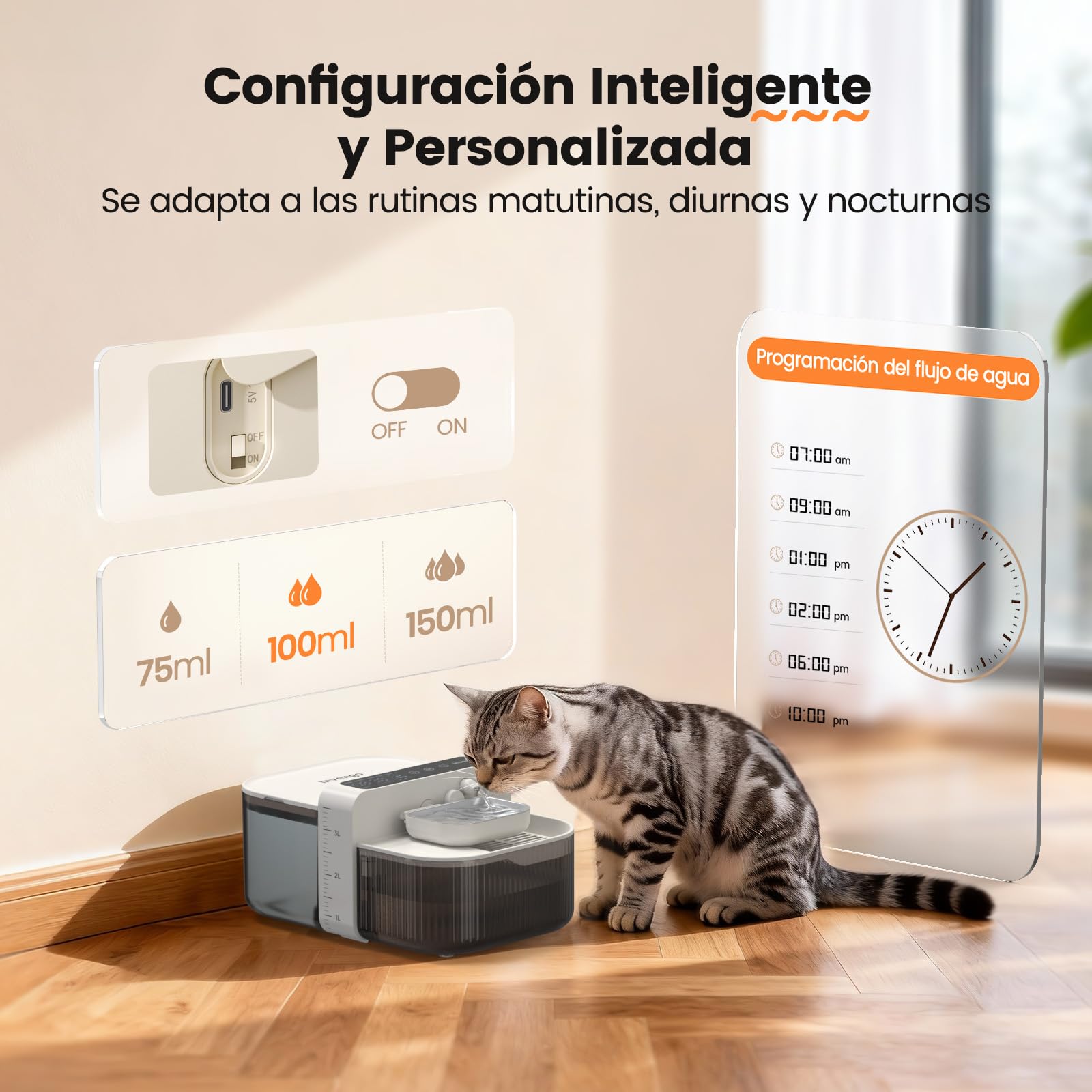 Invengo Fuente para Gatos Sin Cable y Sin Filtro - Batería 3000mAh 180 Días, Separación del Agua Limpia y del Agua Usada, Cuenco de Acero Inoxidable, Bebedero Gatos Sin Cable, 3,5L, Blanco Hueso