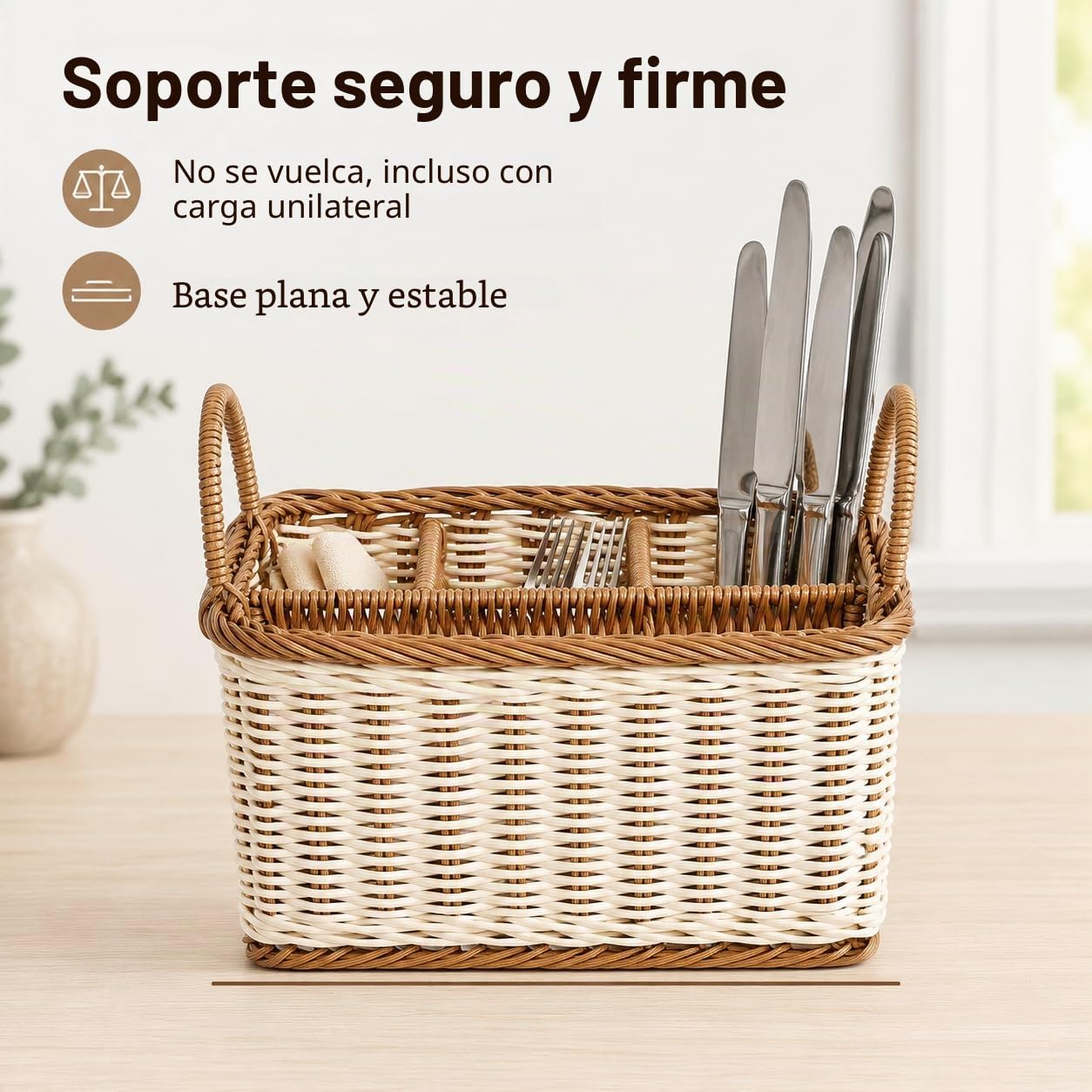 Hemoton Cesta De Almacenamiento De Ratán Sintético Con 4 Compartimentos, Organizador De Cubiertos Y Utensilios Para Cocina, Comedor, Jardín O Picnic