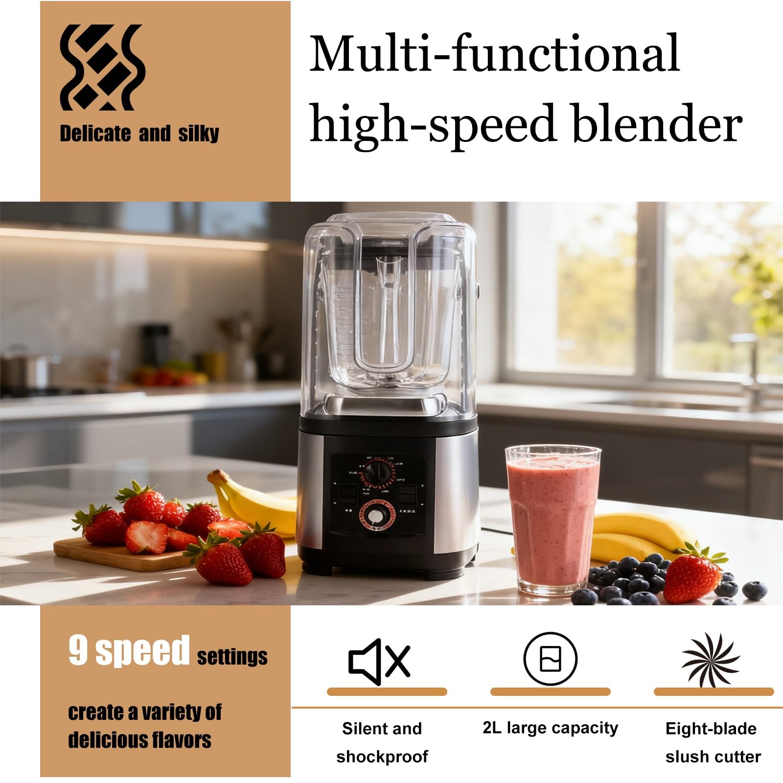 Frullatore Ristorante 2200W 2L, Mixer Multifunzione per Smoothie, Milkshake, Ghiaccio Tritato E Succhi, Auto-Pulente, Silenzioso, Versatile per Bar E Casa