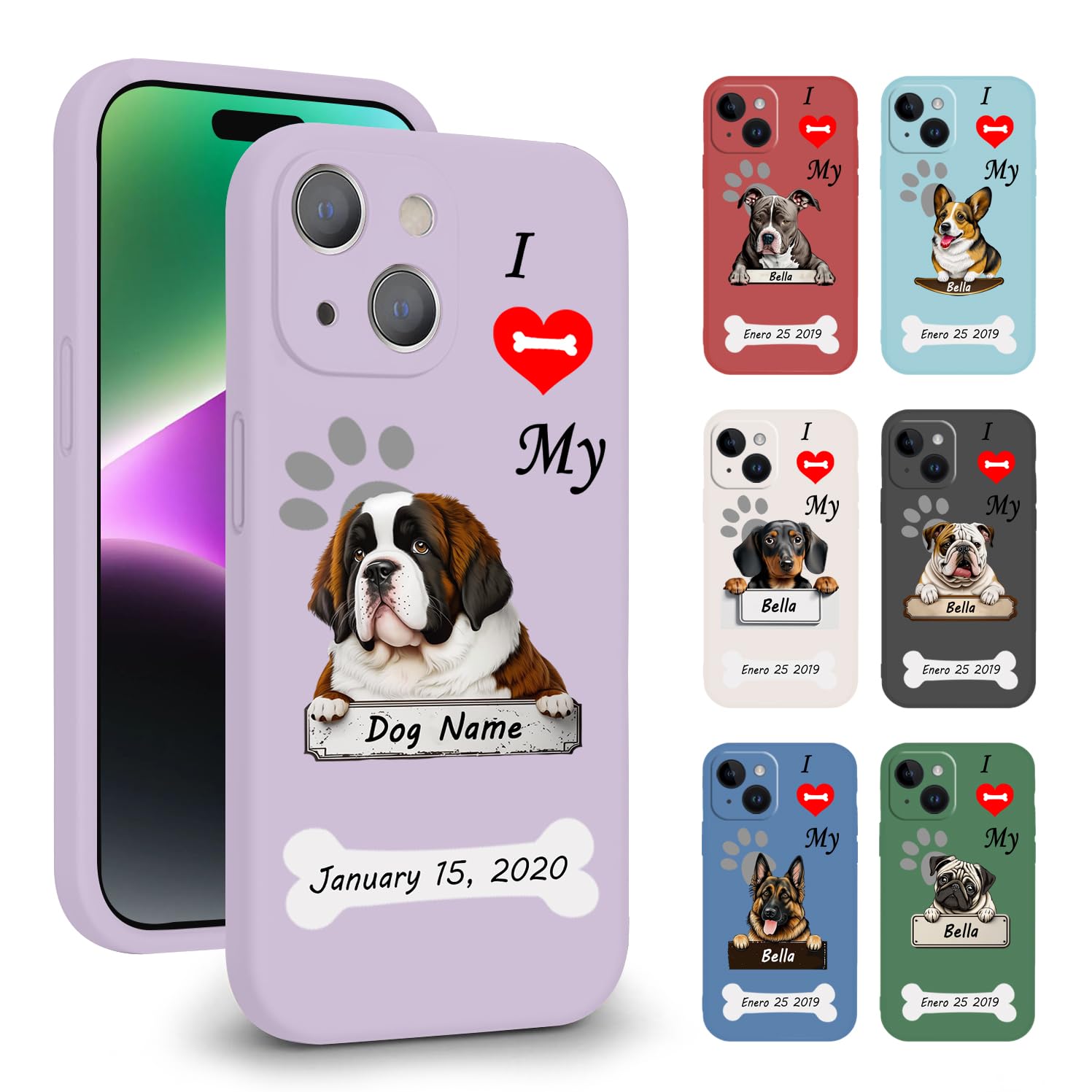 VNGDA Custom Pet Name I Love My Saint Bernard Dog Phone Case for iPhone 15 14 Pro Max 13 12 11 Xs Max Xr SE3 8 7 6 Plus 11 Pro Mini，Liquid Silicone