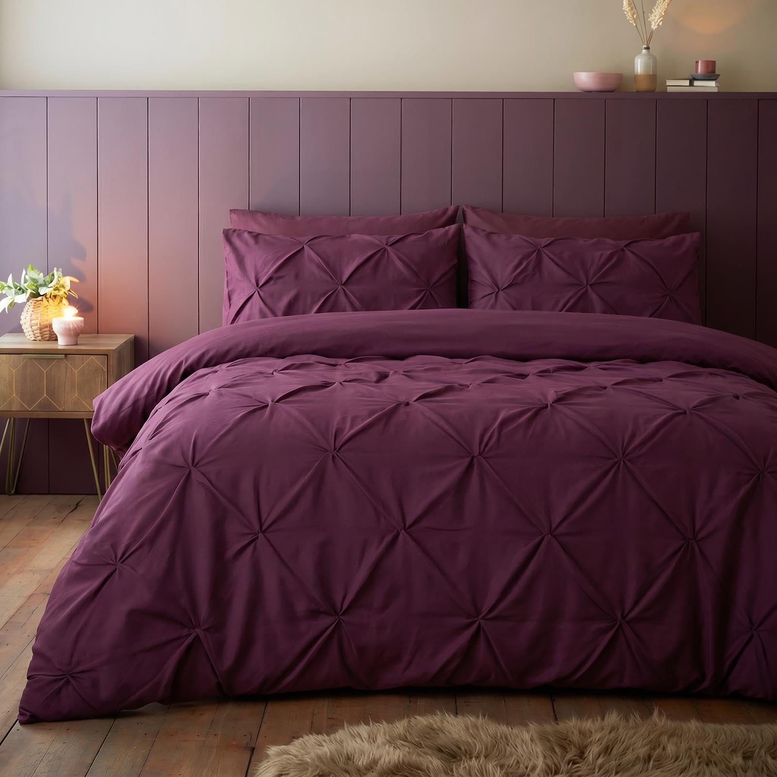 OHS Pintuck Duvet Set King Size Duvet Cover Easy to Care, Plum