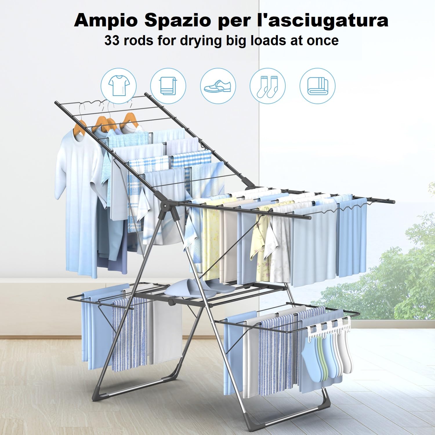 Innotic Stendibiancheria Pieghevole Portatile Stendino Verticale Salvaspazio, Acciai Inossidabili, con Accessori, per Balcone Esterno,