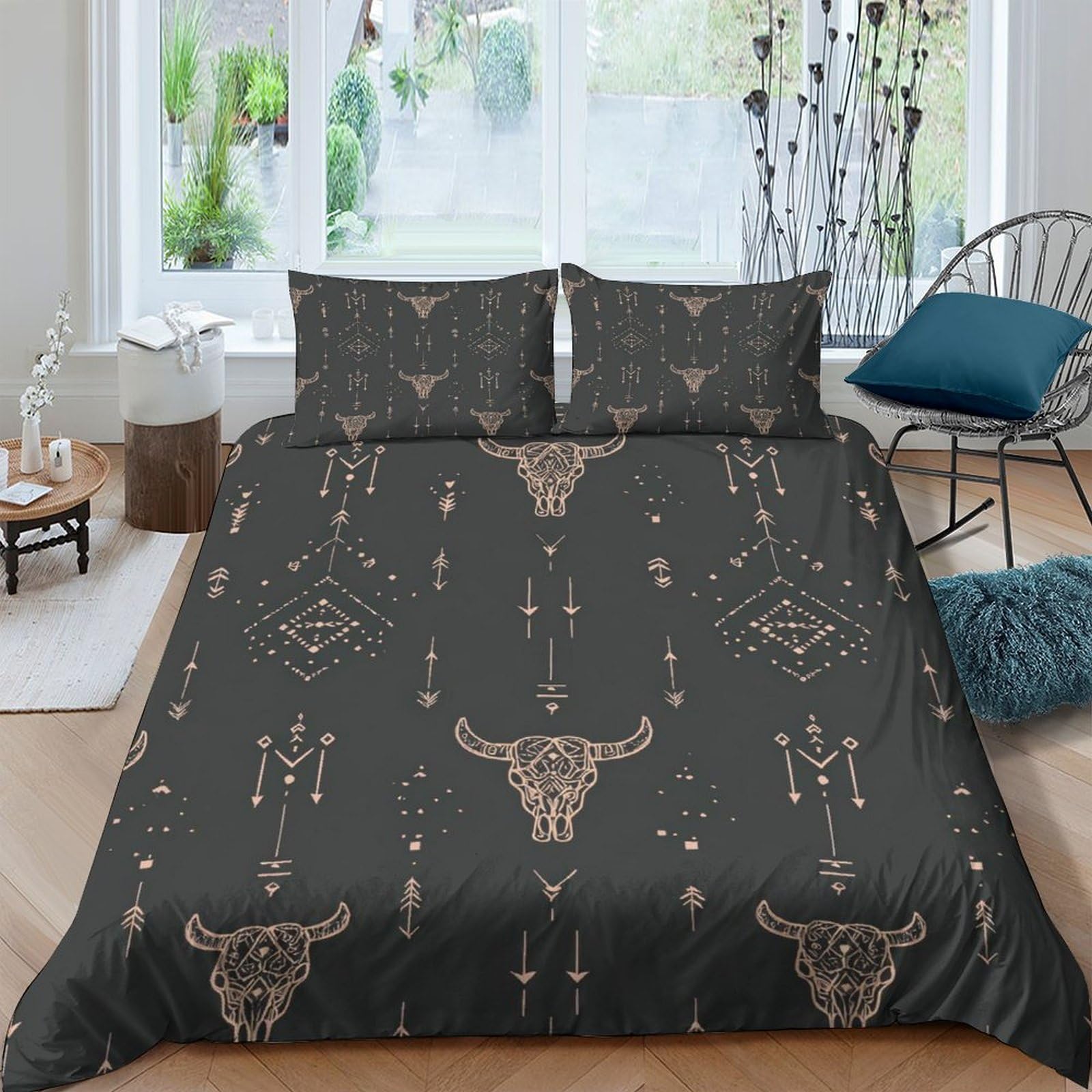 Ctjqhvkz Style-7 3D Printed Boho Bull Skull Fitted Sheet Microfiber Soft Dark Western Arrow Mattress Cover For Bedroom Dorm Decor Single（135X200cm）