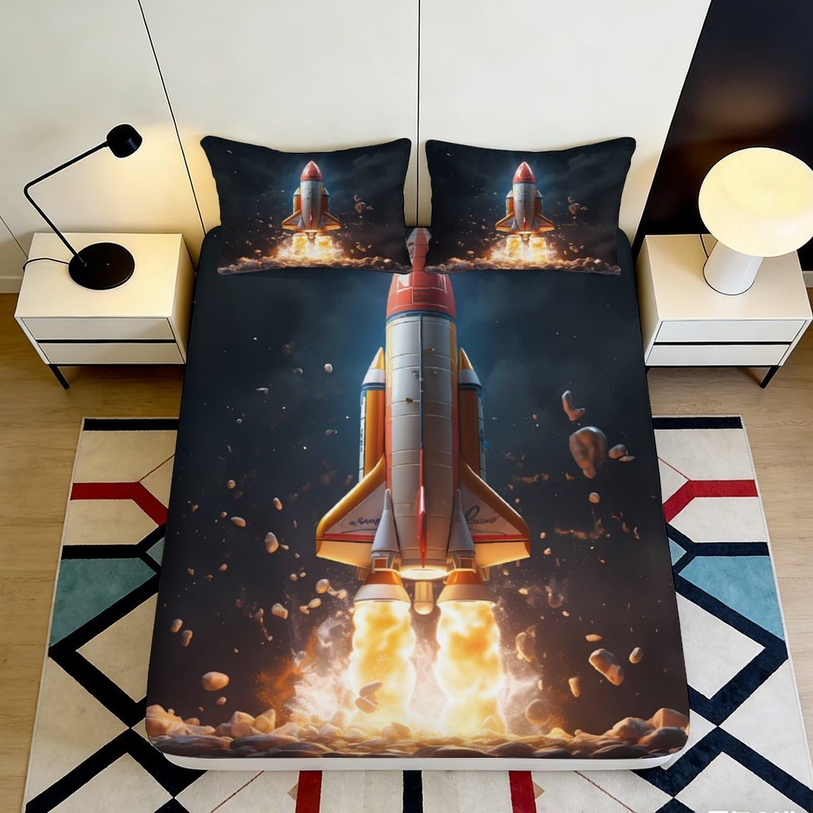 3D Printed Rocket Launch Fitted Sheet Microfiber Space Shuttle Bed Cover Anti-Slip Washable for Bedroom Dorm Decor 160x200x25cm