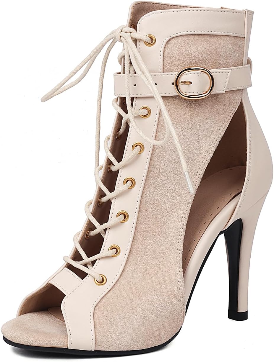 HROYL Women Open Toe Dance Ankle Boots Lace up Classic Gladiator Summer Booties,DS-J78