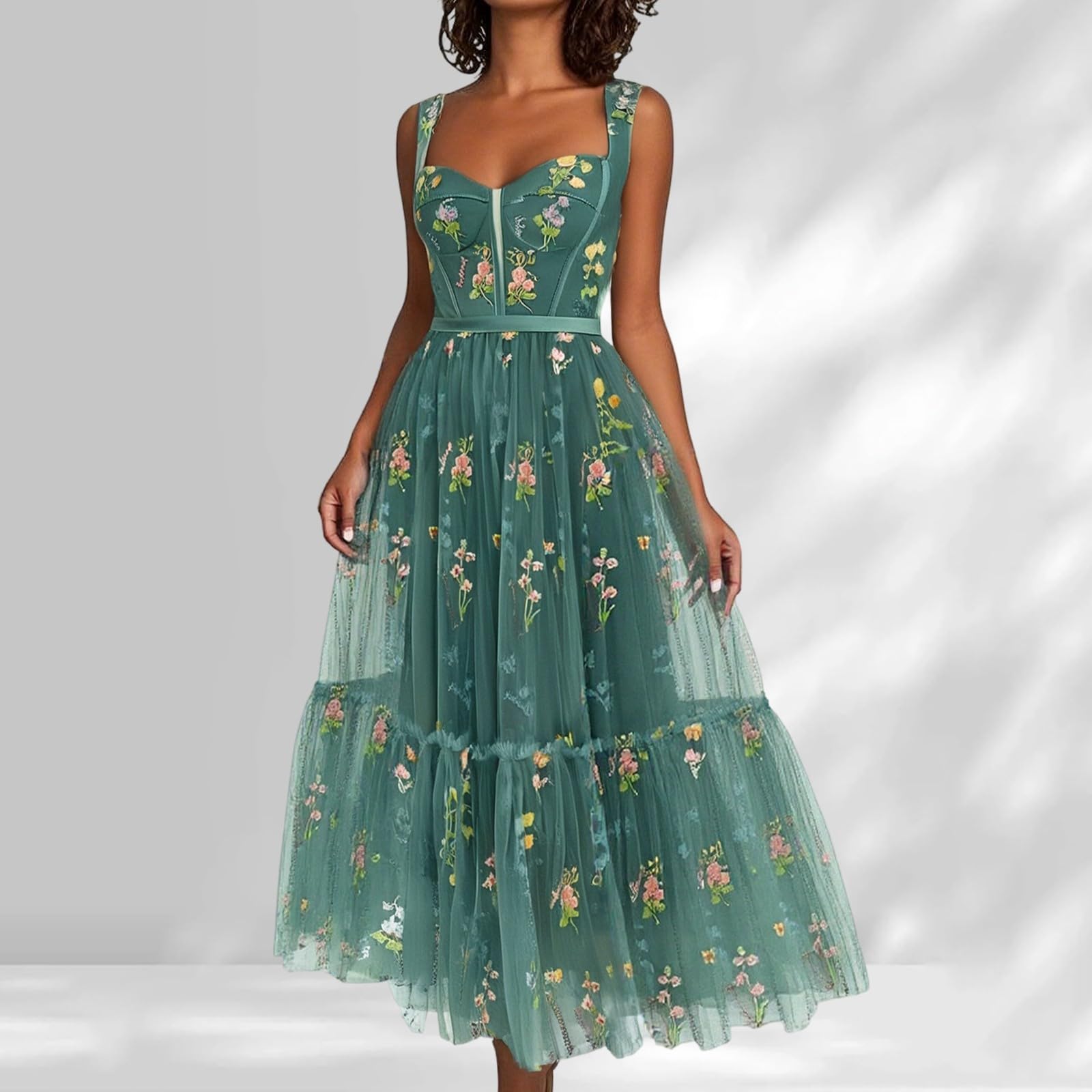 Generisch Tüllkleid Damen Blumenstickerei Tüll Ballkleider Korsett Spaghettiträger Maxikleid Vintage Elegant Sommer Abendkleid Leichte Atmungsaktive Strandkleid Partykleid Tunikakleid