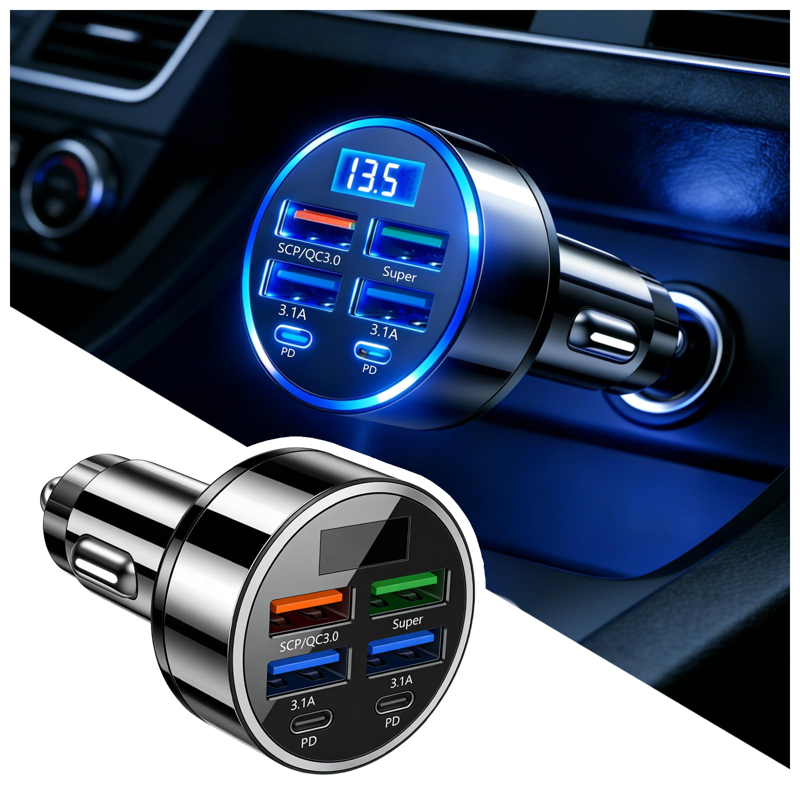 6 Ports Fast Car Charger with Voltage Monitor,Car Cigarette Lighter USB Charger (PD+QC3.0) Compatible with iphone13/14/15 & Most Android Models,Car Must Haves USB C Car Charger (1PCS)
