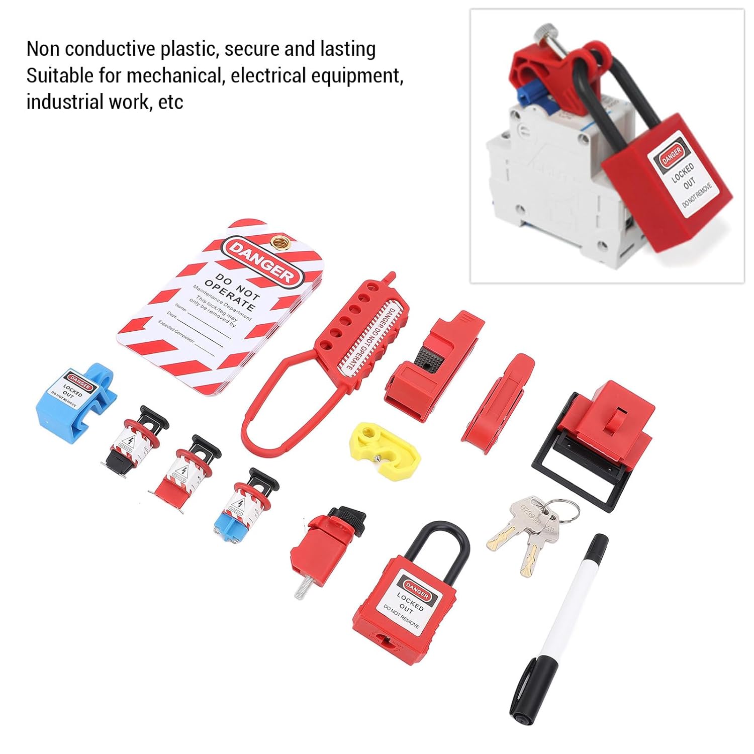 Electrical Lockout Tagout Kit, Clamp On Circuit Breaker Lockout, Group Lockout Hasps with Safety Padlock, Loto Tags, Plug Lockout, Loto Locks Set for Electrical Lockouts