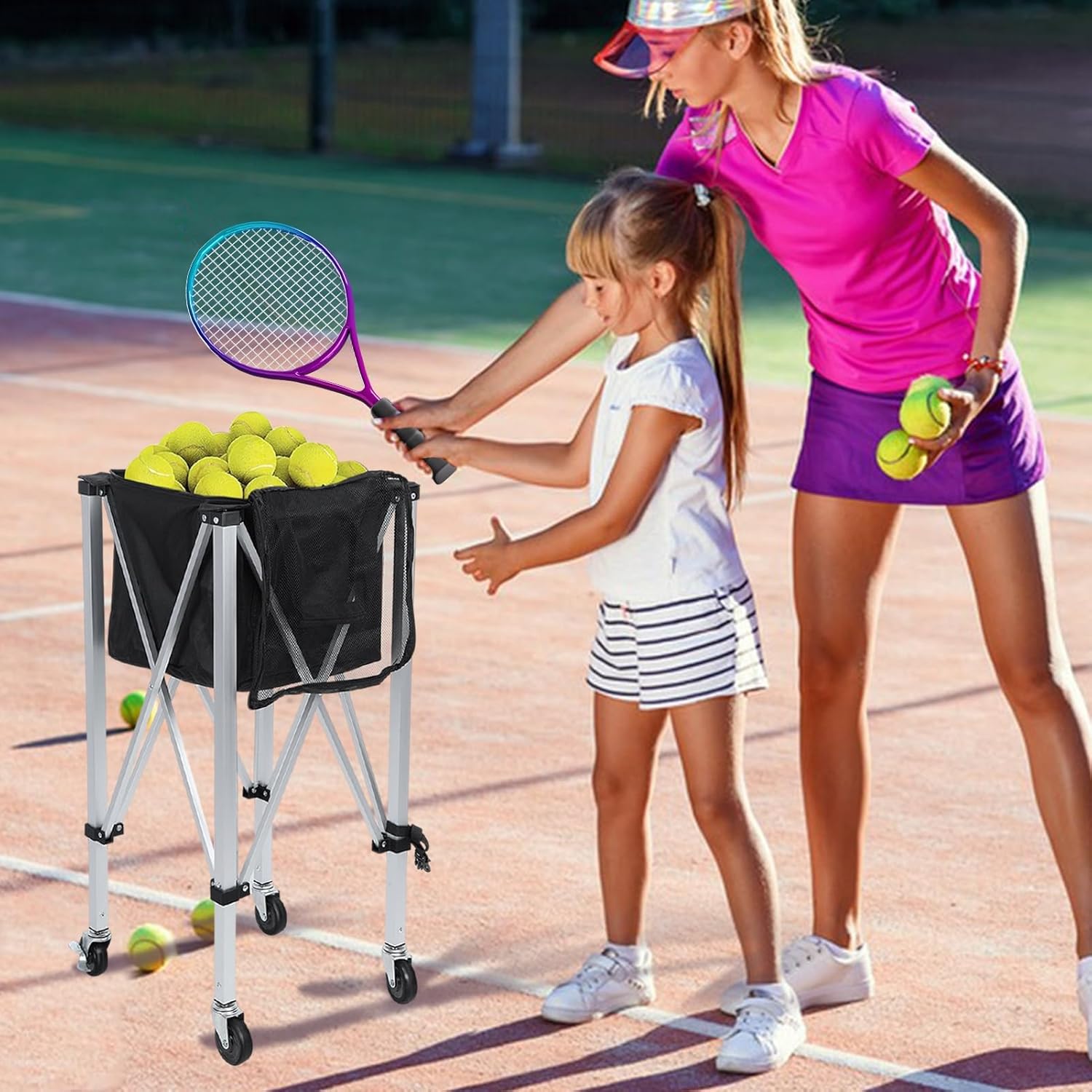 Foldable Tennis Ball Hopper with Wheels, Holds 160 Balls, Lightweight Aluminum Cart with Removable Ball Bag and Locking Brakes, Portable Sports Teaching Basket
