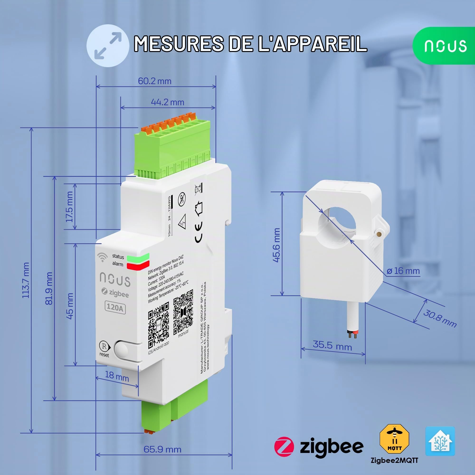 NOUS ZigBee Compteur de courant intelligent DIN 120 A, moniteur de consommation d'énergie, compatible avec Alexa et Google Home, montage sur rail DIN, surveillance en temps réel