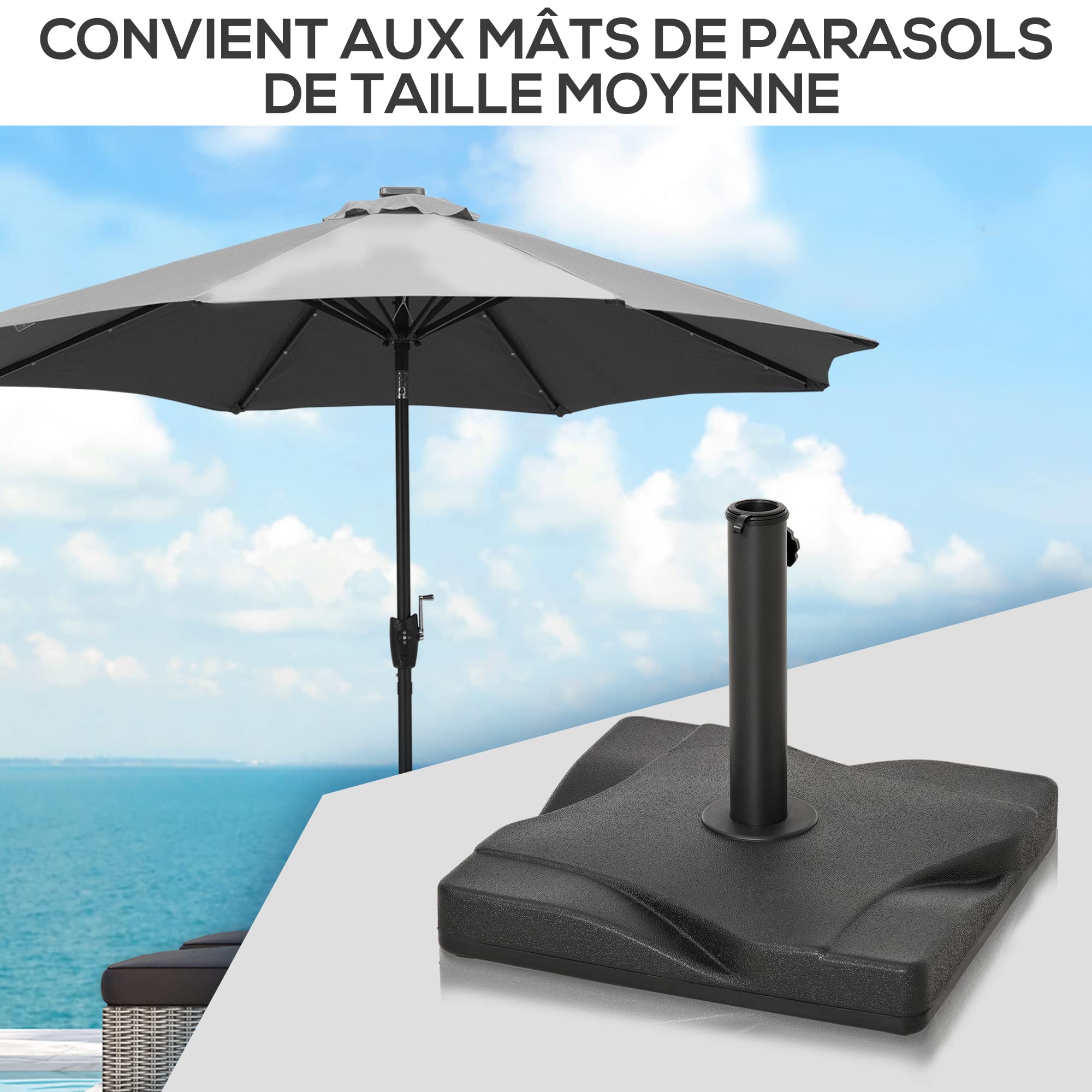 Outsunny Pied de parasol base de lestage parasol carré dim. 41,5L x 41,5I x 33H cm poids net 20 Kg ciment HDPE noir