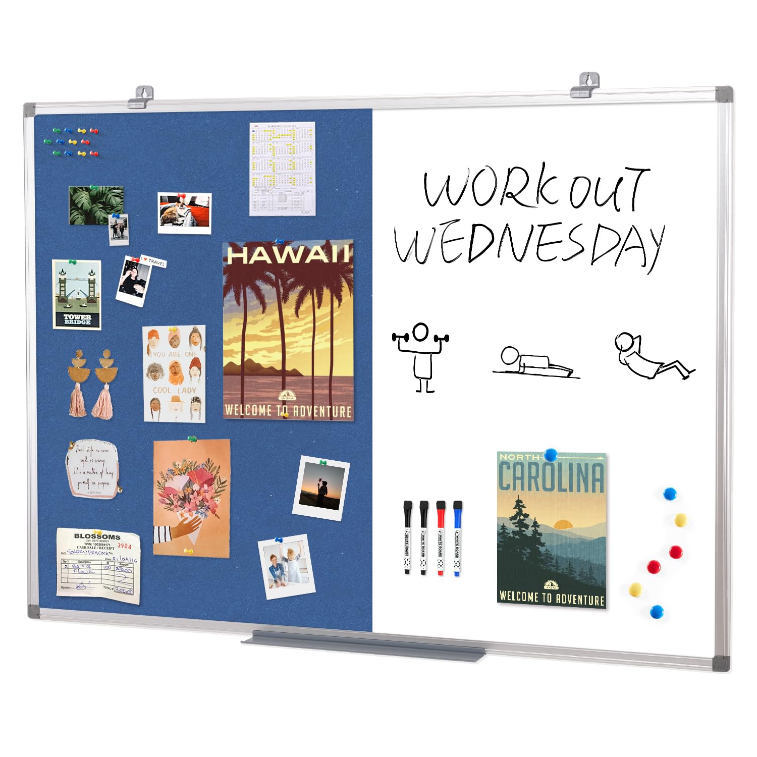Dry Erase Combo Board Presentation Whiteboard Pin Bulletin Combination Board,Blue 120x90cm