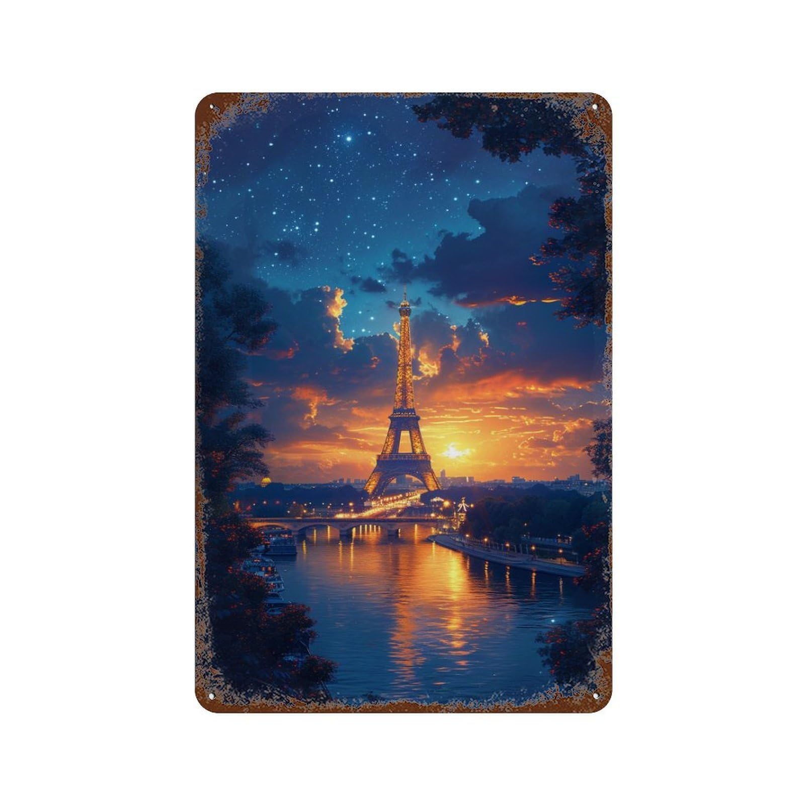 Eiffel Tower Sunset Paris Aged Metal Wall Plaque 11.8"x7.9", for Pub, Kitchen And Man Cave Decor, Decorative Metal Wall Art