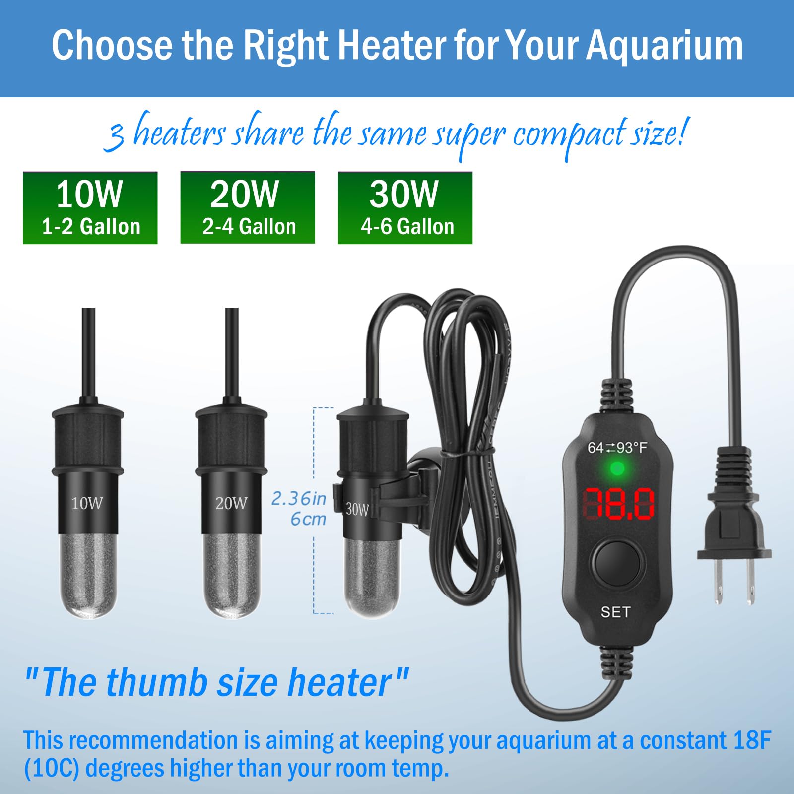 Super Mini-Aquarium-Heizung, 10 W, Betta-Heizung, verstellbar, tauchfähig, für kleine Aquarien, Schildkrötenheizung mit Digitalanzeige, Thermostat, für 3,5 - 7,8 l Tanks